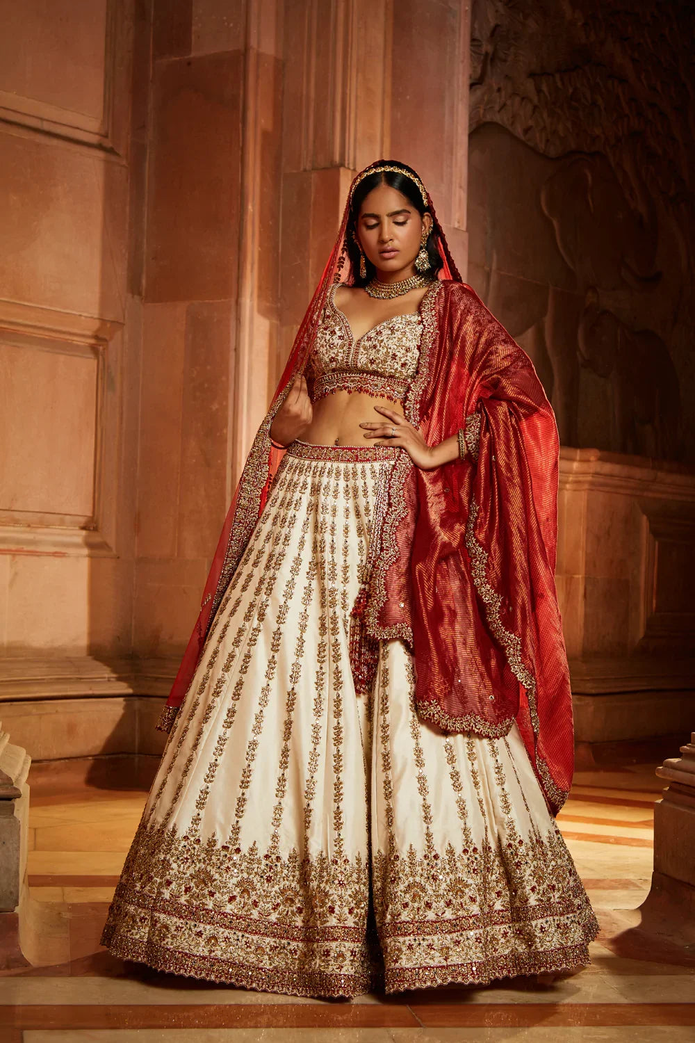 IVORY TAFFETA BRIDAL LEHENGA CHOLI SET WITH RED DUPATTA