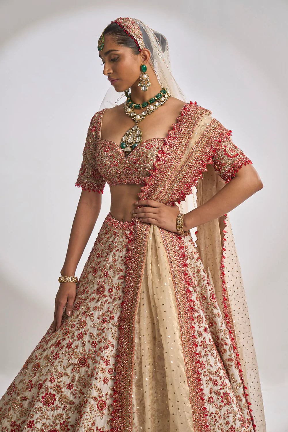 Cream Red Zardozi Lehenga Set