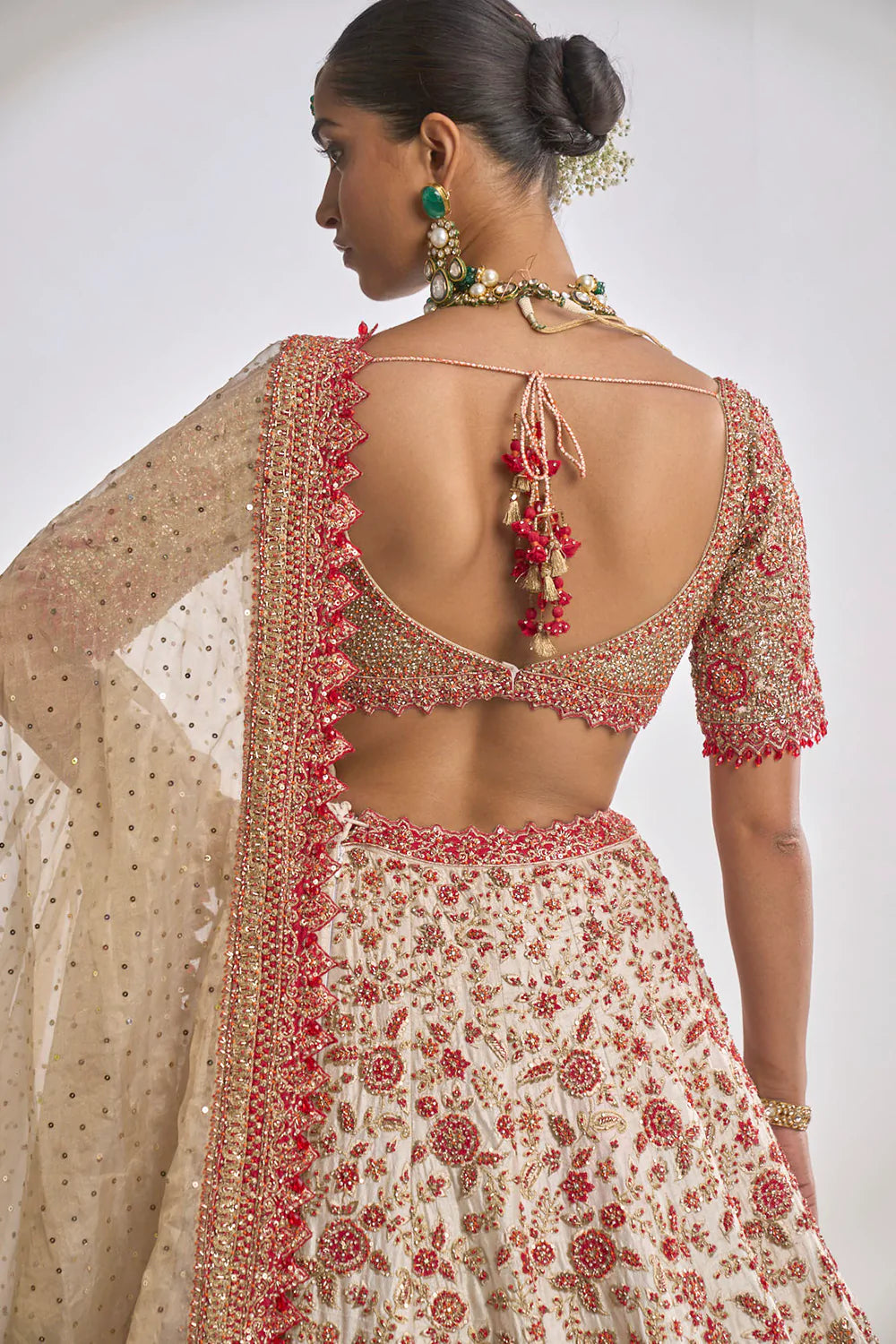 Cream Red Zardozi Lehenga Set