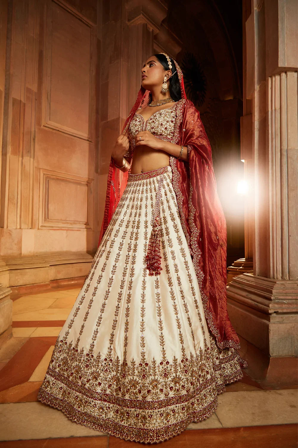 IVORY TAFFETA BRIDAL LEHENGA CHOLI SET WITH RED DUPATTA