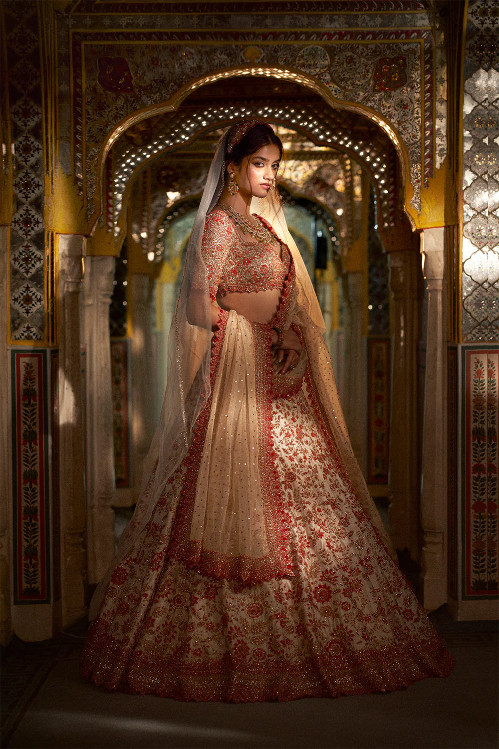 Cream Red Zardozi Lehenga Set