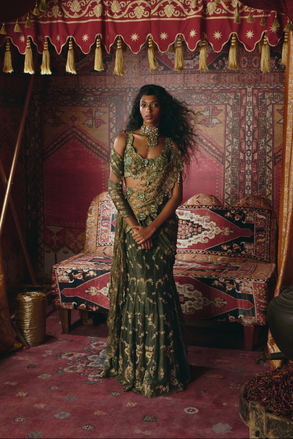 Emerald Green Drape Saree and Blouse Set- Ready To Ship