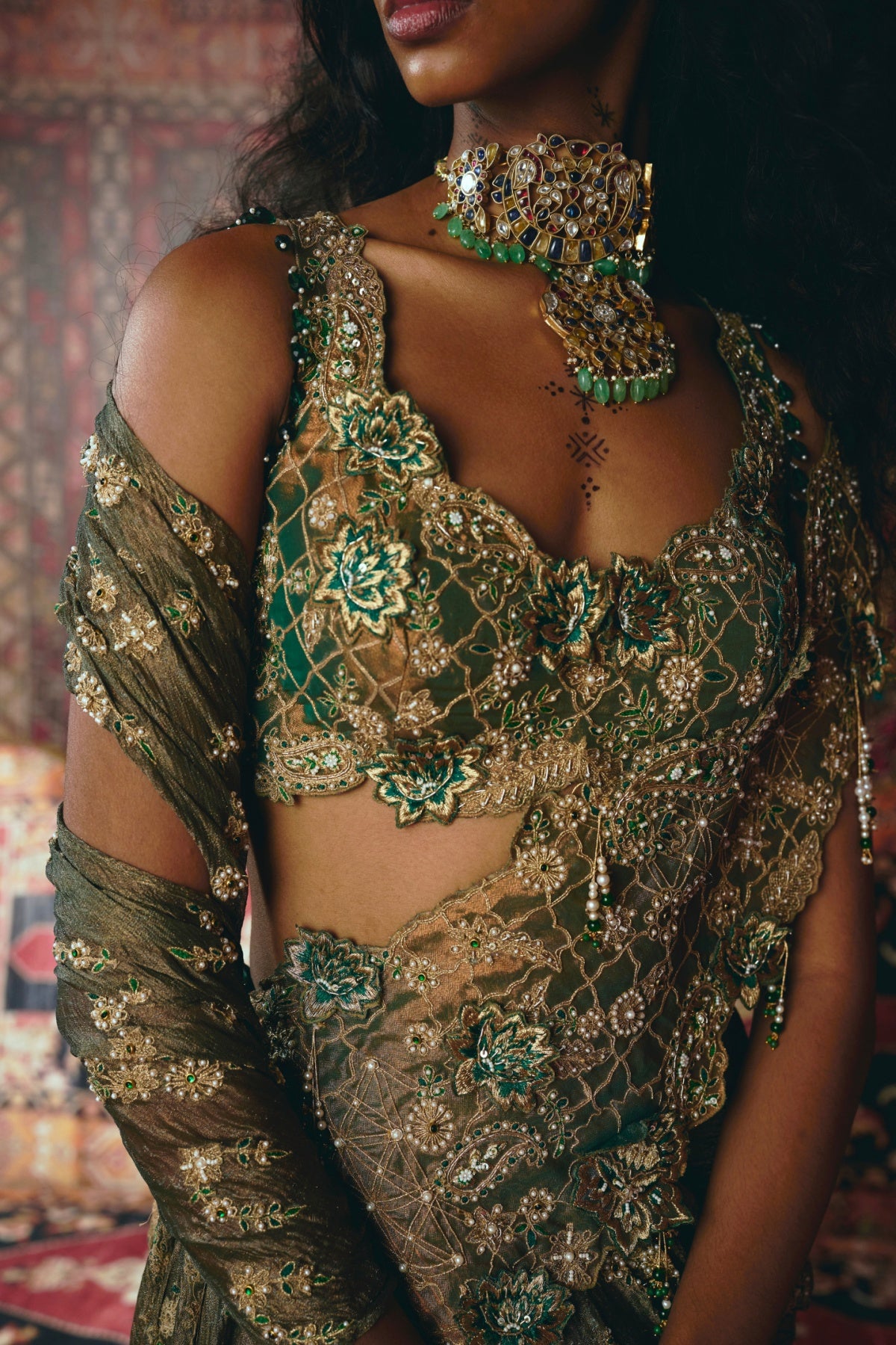 Emerald Green Drape Saree and Blouse Set- Ready To Ship