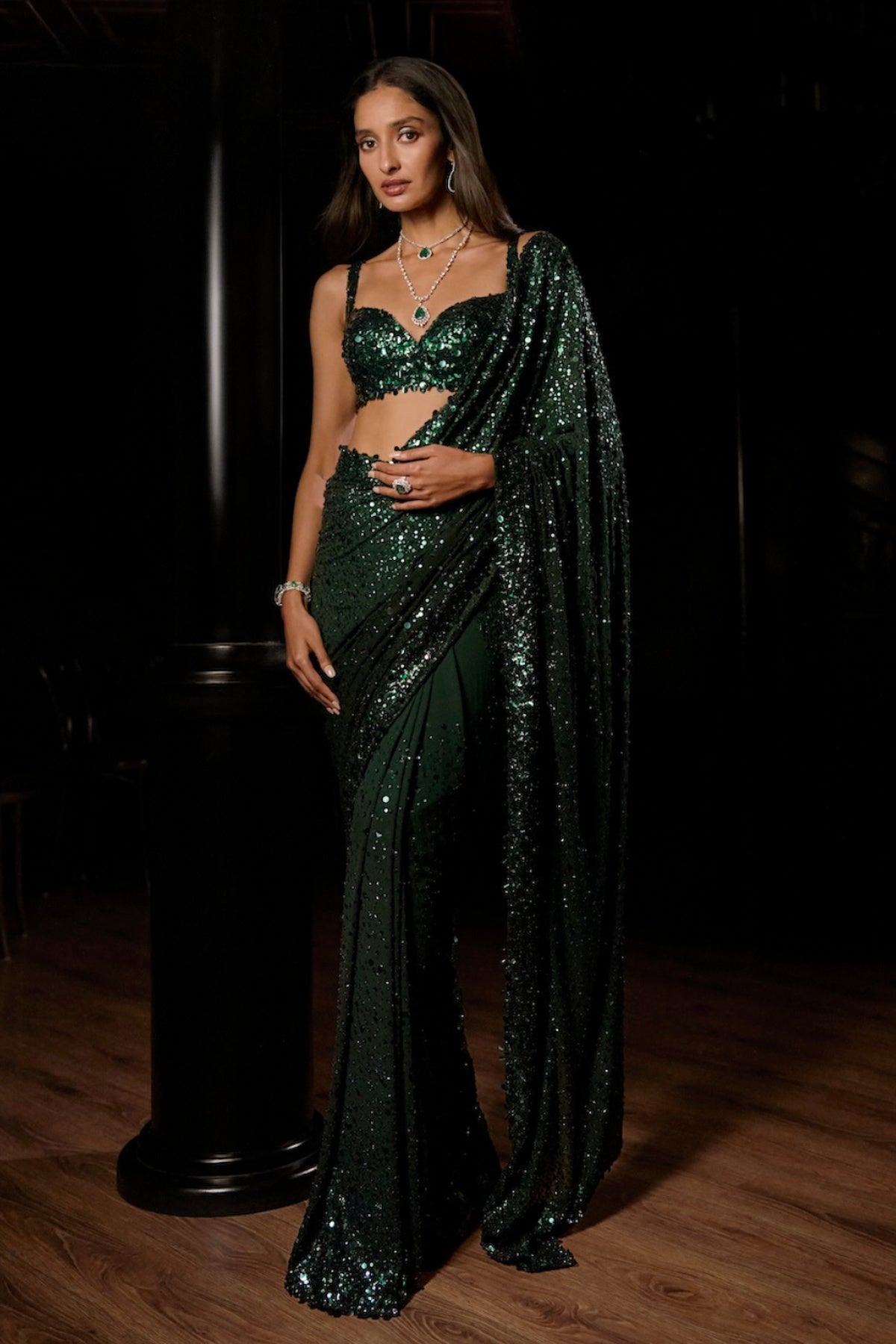 Emerald Green Ombre Sequin Georgette Saree - Ready To Ship