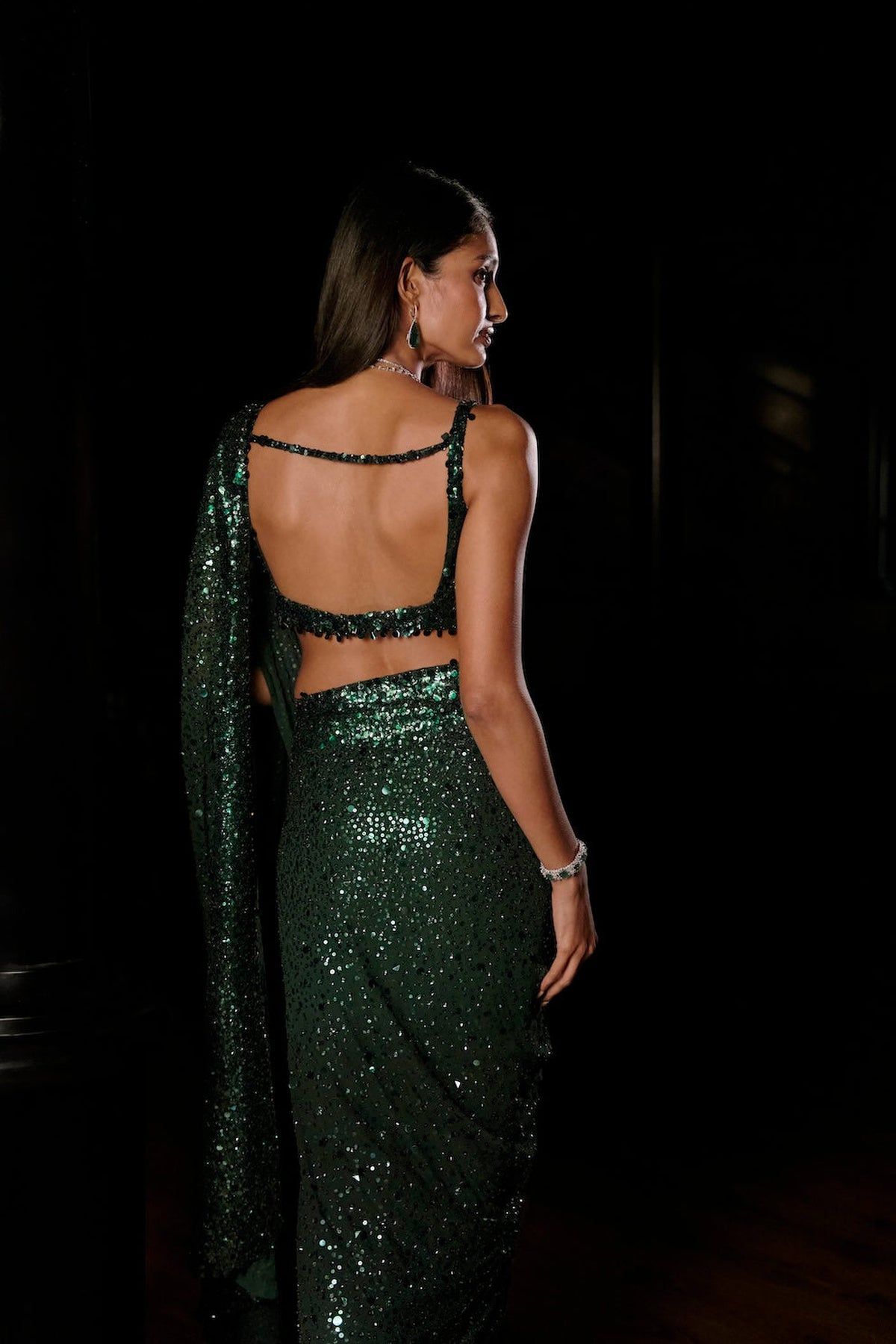Emerald Green Ombre Sequin Georgette Saree - Ready To Ship