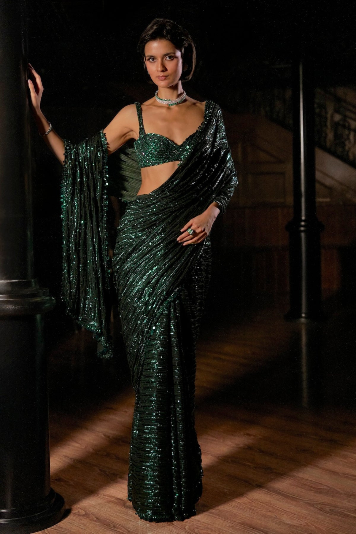 Emerald Green Sequin Georgette Saree - Ready To Ship