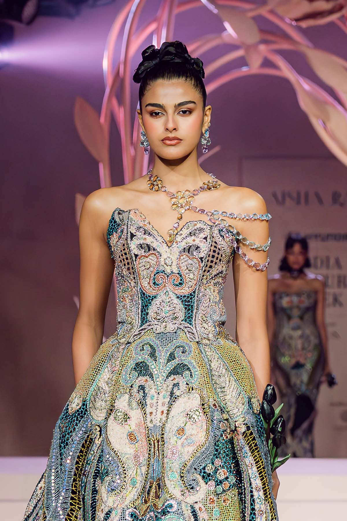 Eurydice - multicolour mesh jaal gown