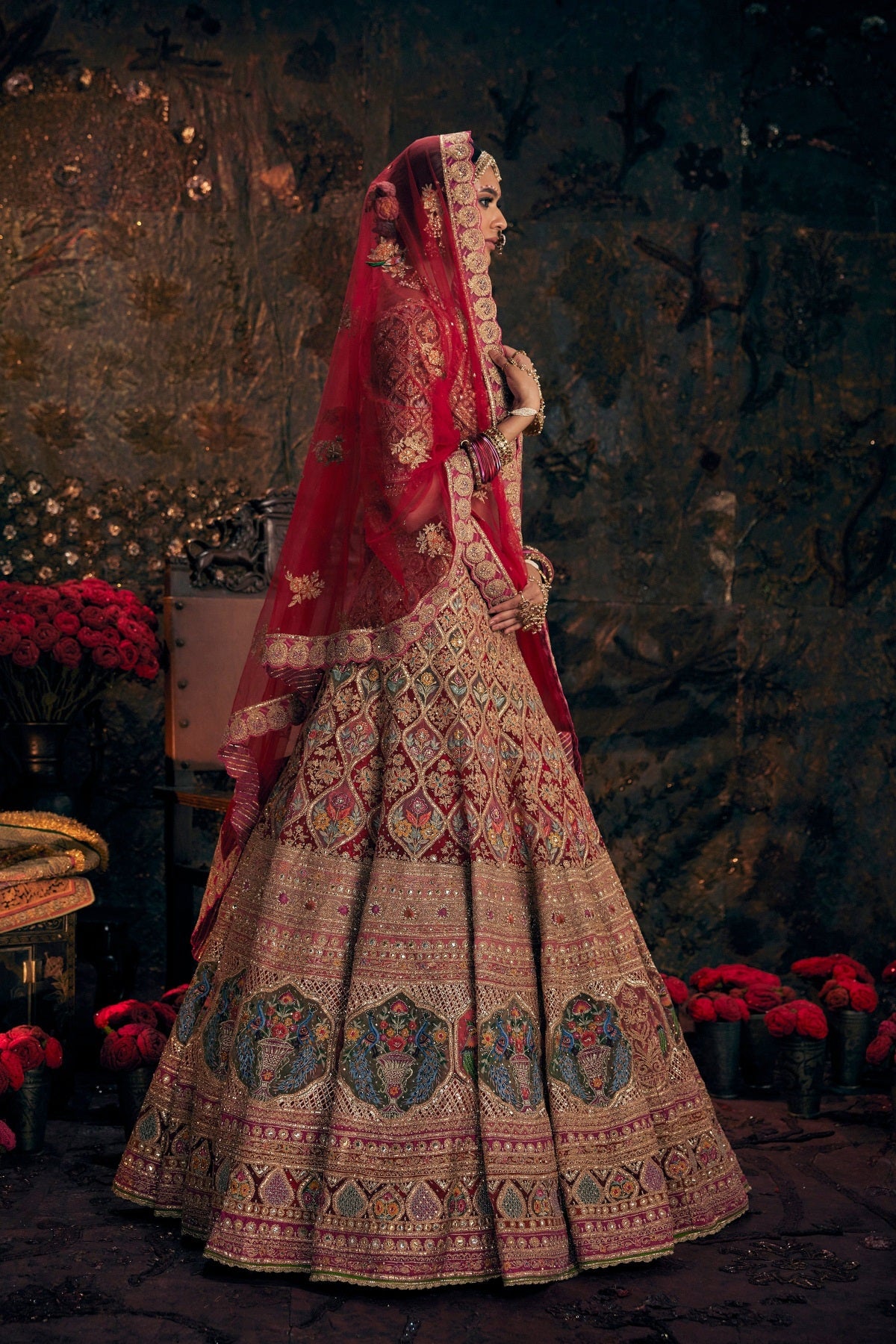 Garnet Red Floral Embroidered Lehenga