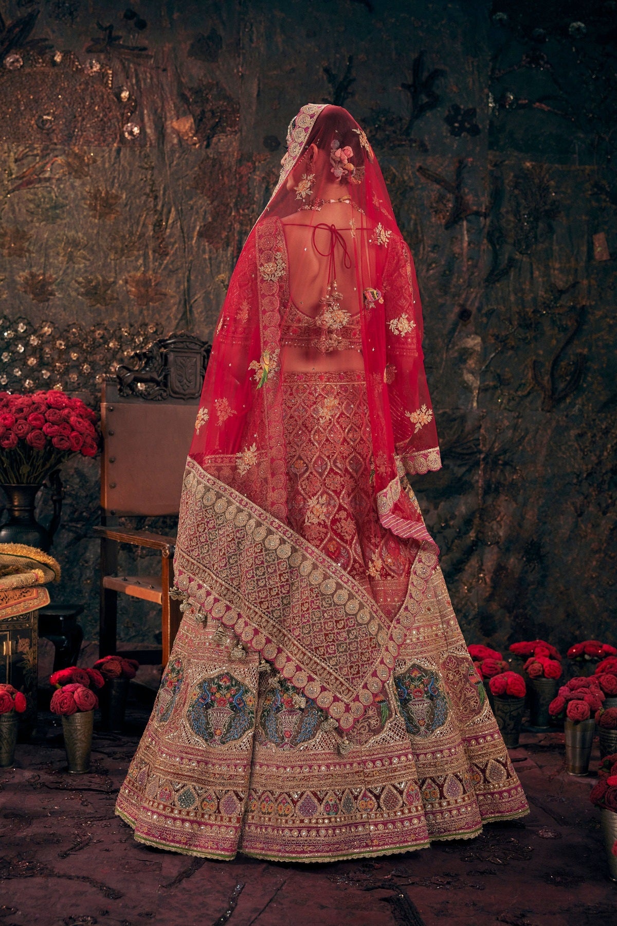 Garnet Red Floral Embroidered Lehenga