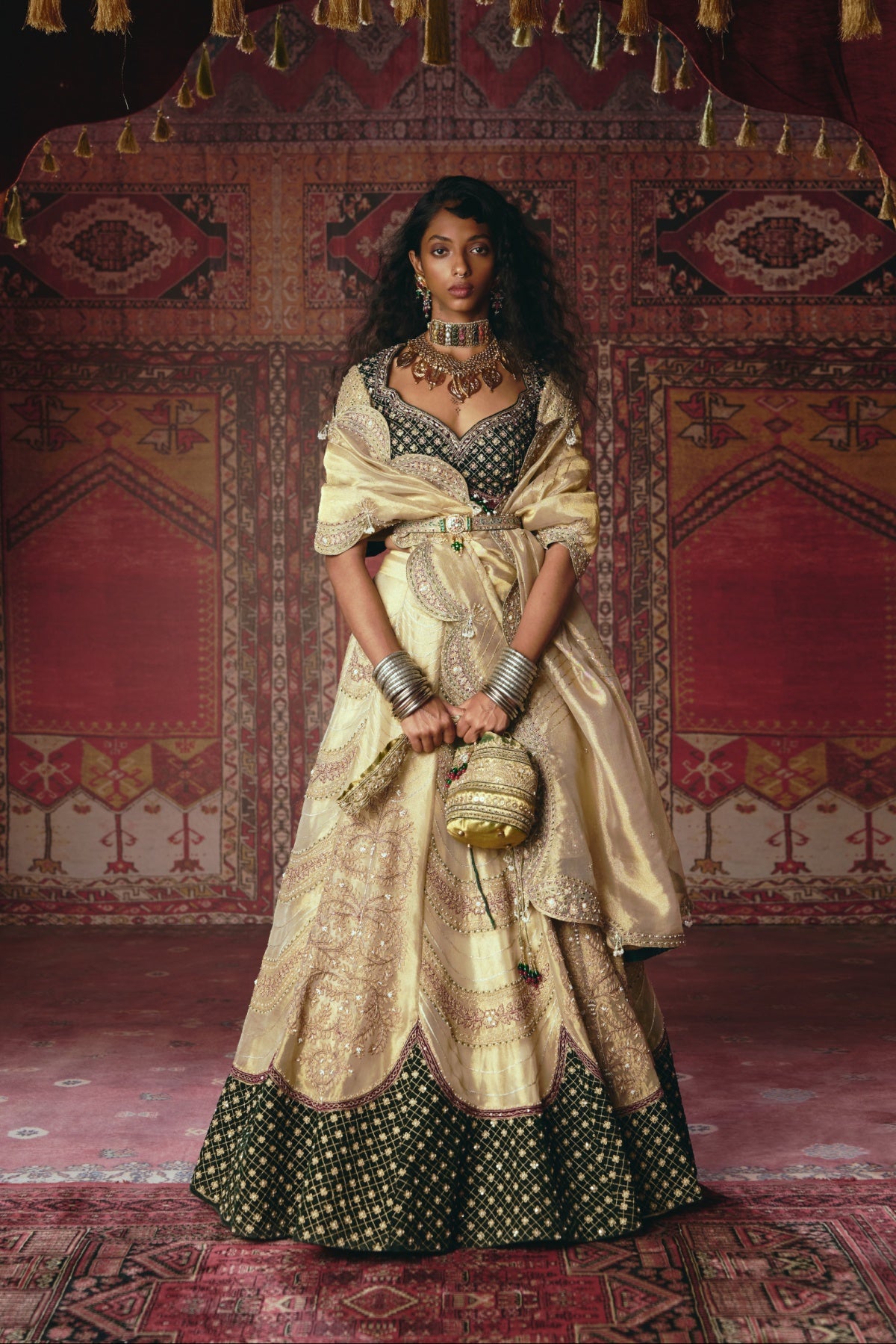Gold and Dark Green Pure Tissue and Velvet Lehenga Set- Ready To Ship