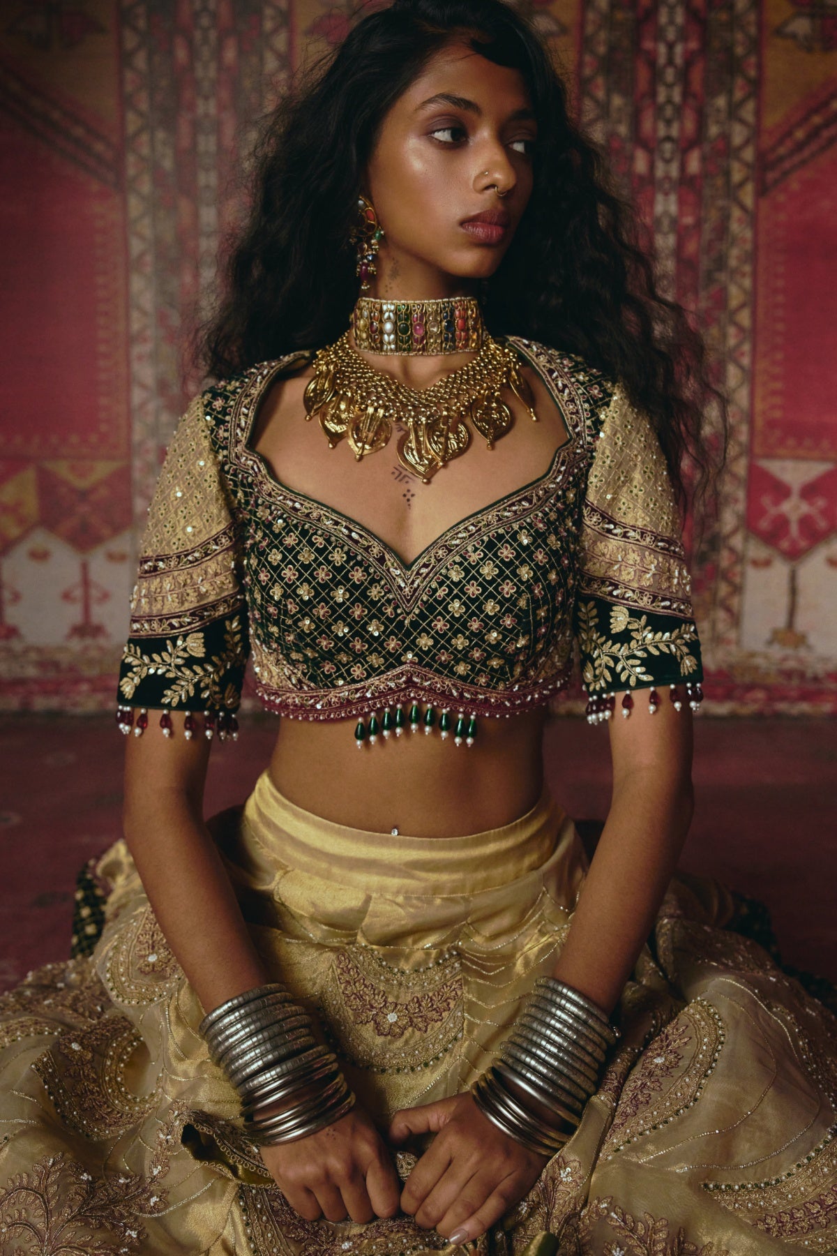 Gold and Dark Green Pure Tissue and Velvet Lehenga Set- Ready To Ship