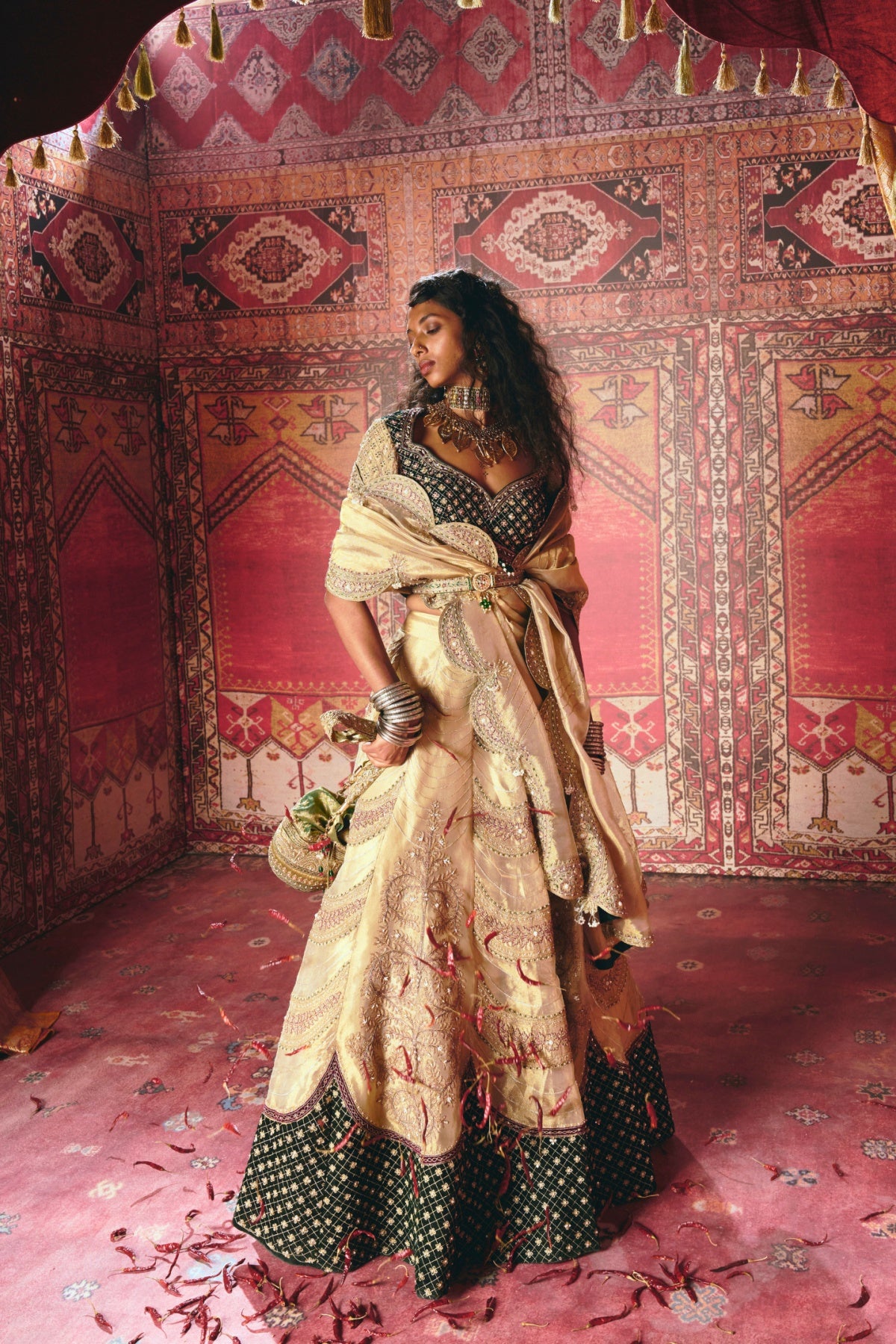 Gold and Dark Green Pure Tissue and Velvet Lehenga Set- Ready To Ship