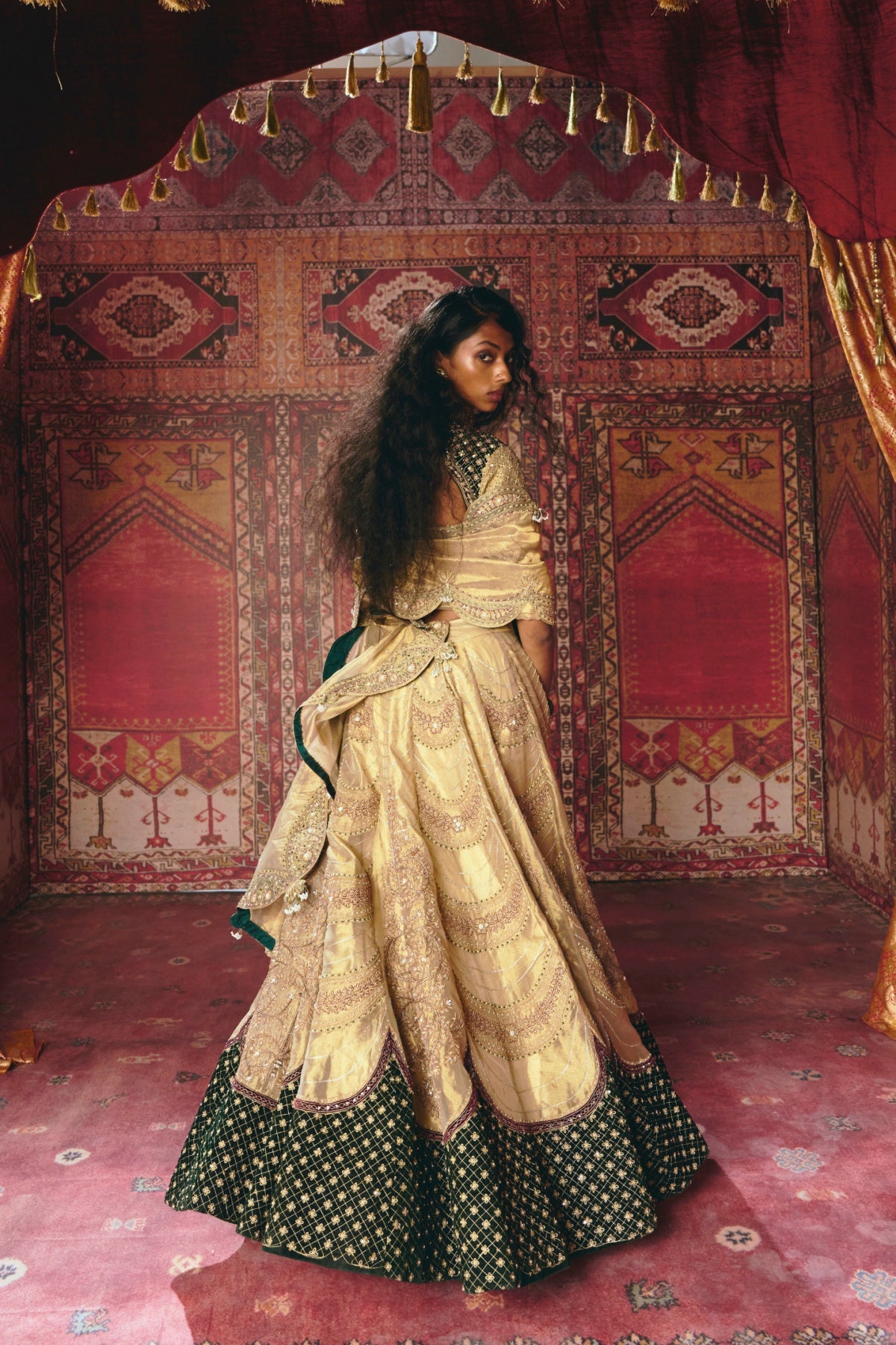 Gold and Dark Green Pure Tissue and Velvet Lehenga Set- Ready To Ship