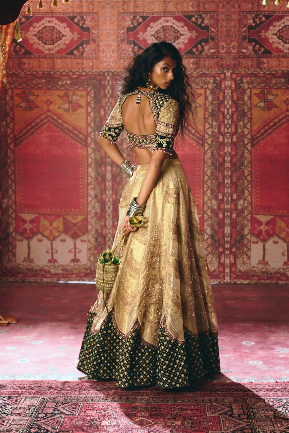 Gold and Dark Green Pure Tissue and Velvet Lehenga Set- Ready To Ship