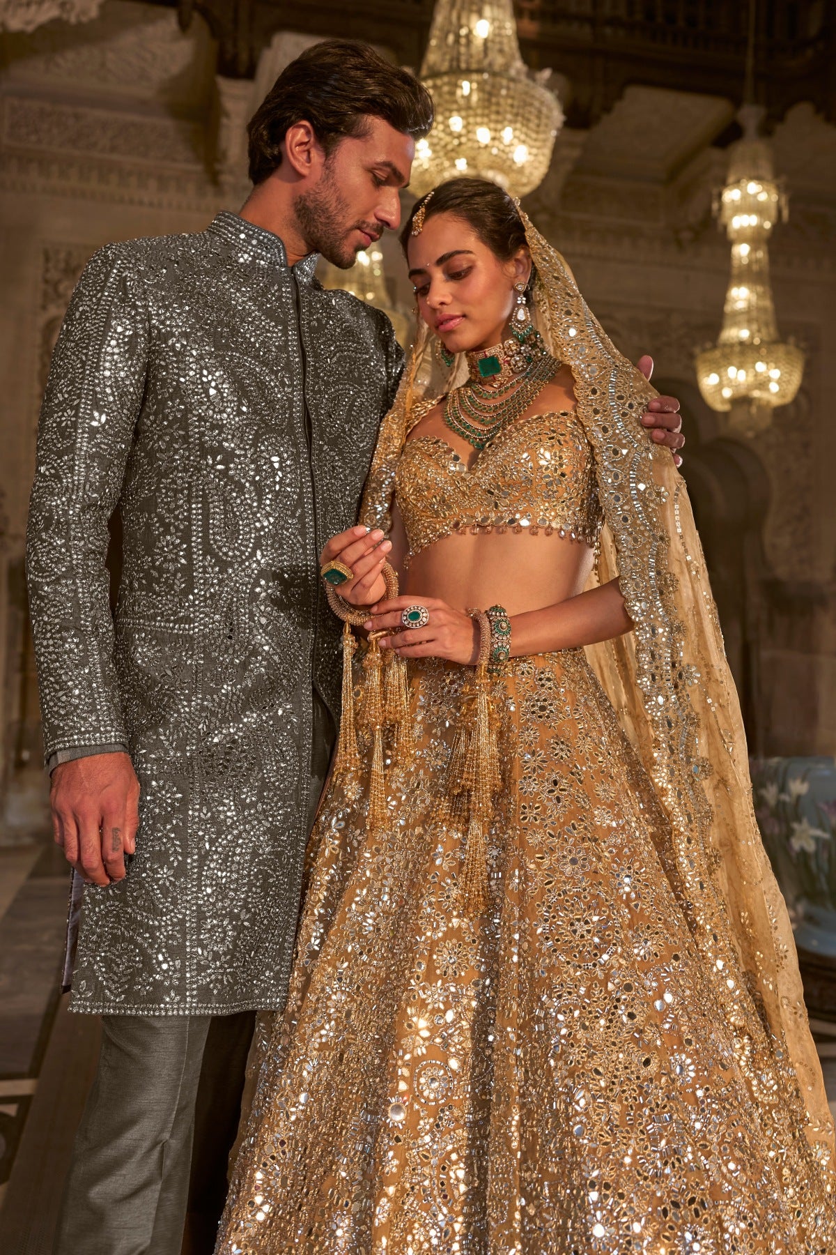 Gold Mirror Work Lehenga Set