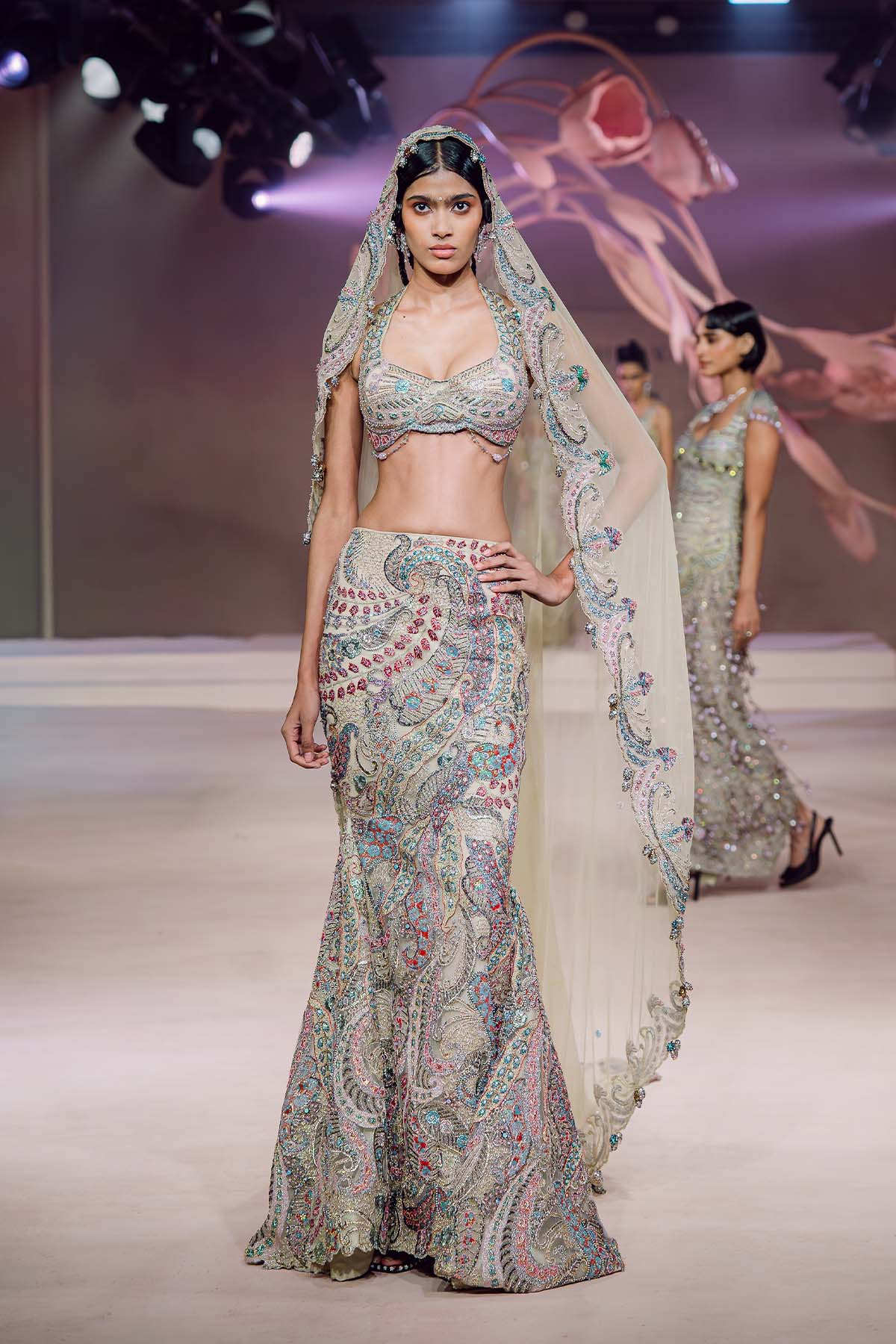 Beatrice - beige tulle fishtail lehenga