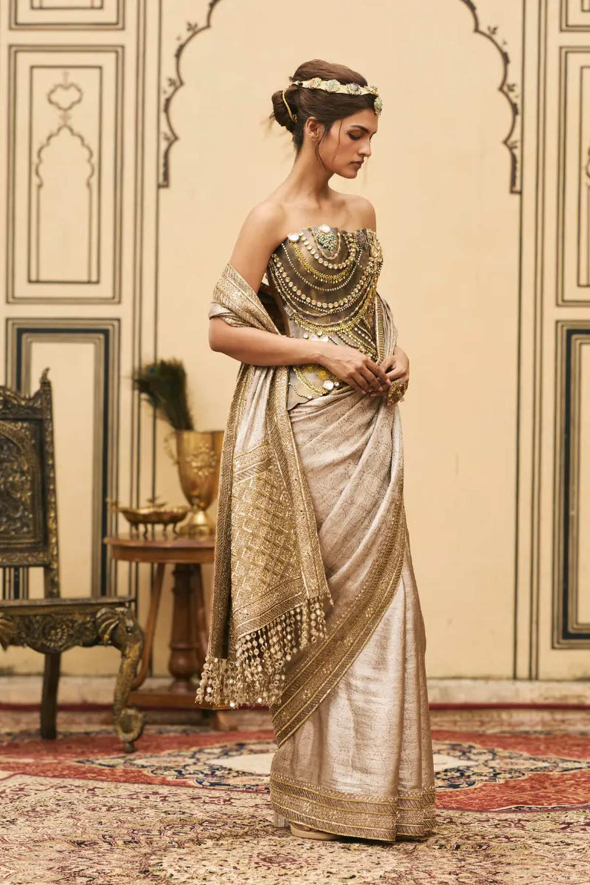 Gulnaar Tissue Brocade Metal Saree Set