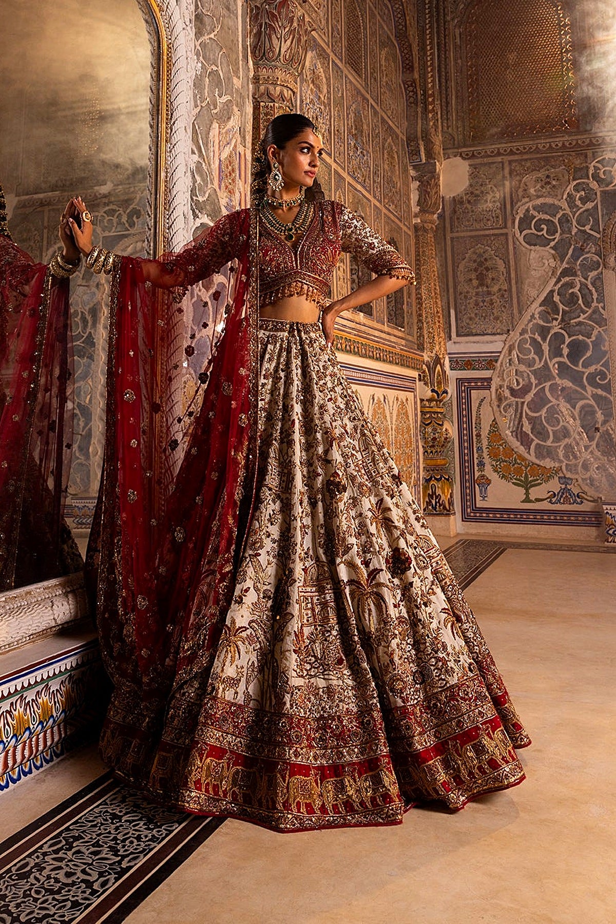 Ivory Bridal Lehenga with Red Blouse & Net Dupatta