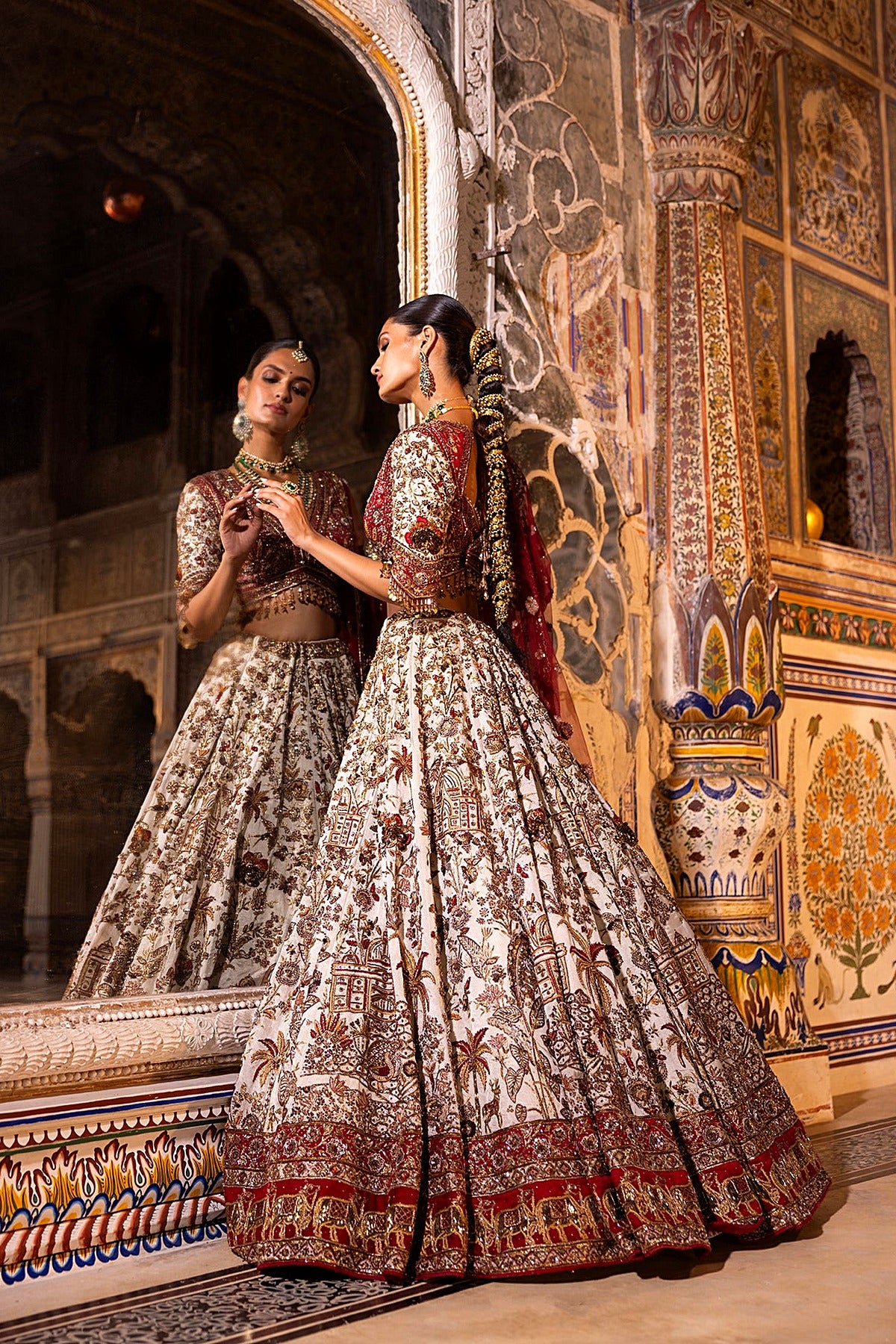 Ivory Bridal Lehenga with Red Blouse & Net Dupatta