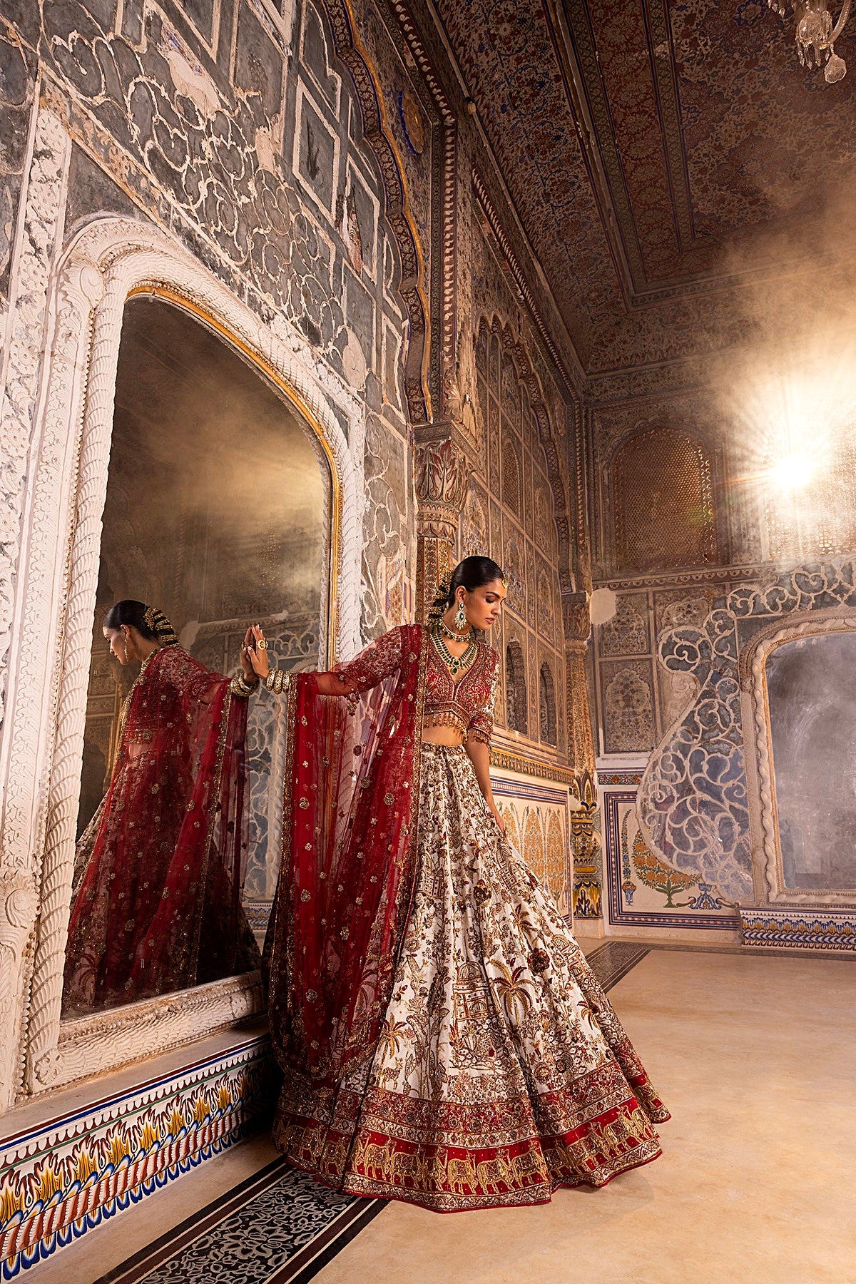Ivory Bridal Lehenga with Red Blouse & Net Dupatta