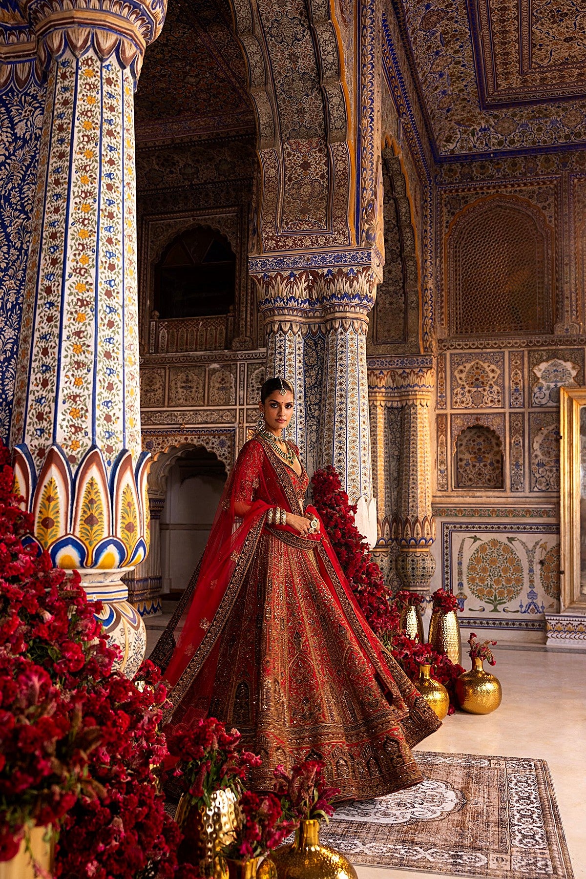 Red Bridal Lehenga with Antique Gold Embroidery