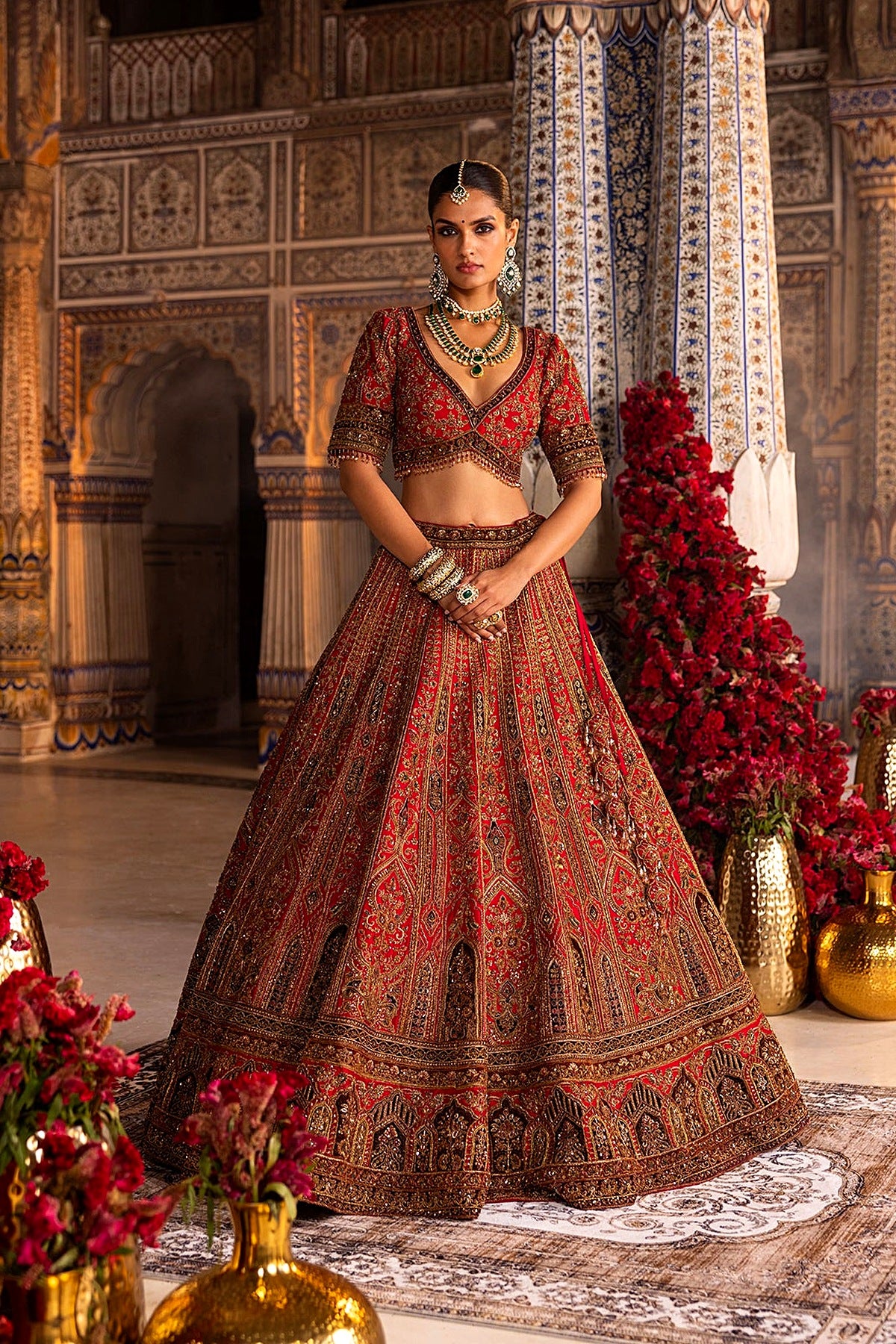 Red Bridal Lehenga with Antique Gold Embroidery
