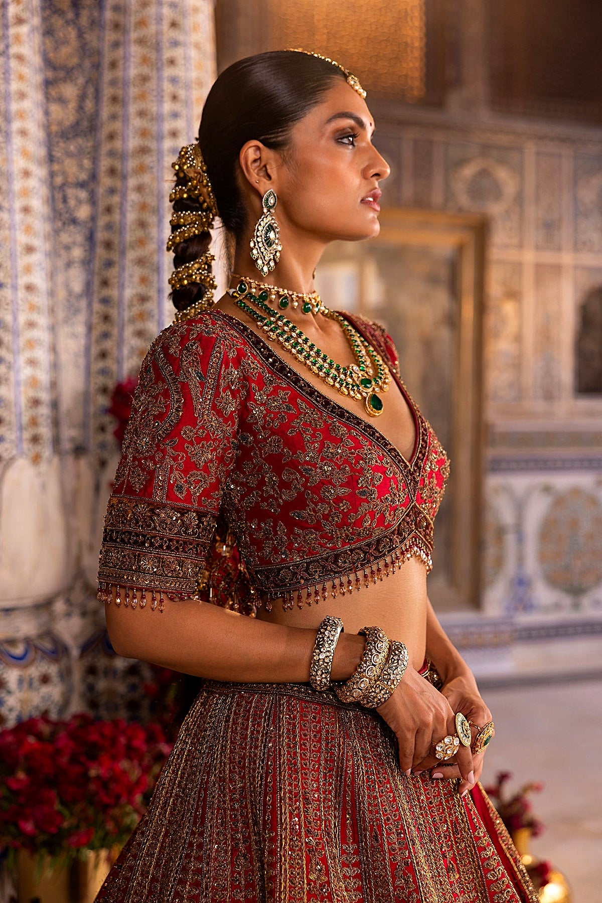 Red Bridal Lehenga with Antique Gold Embroidery