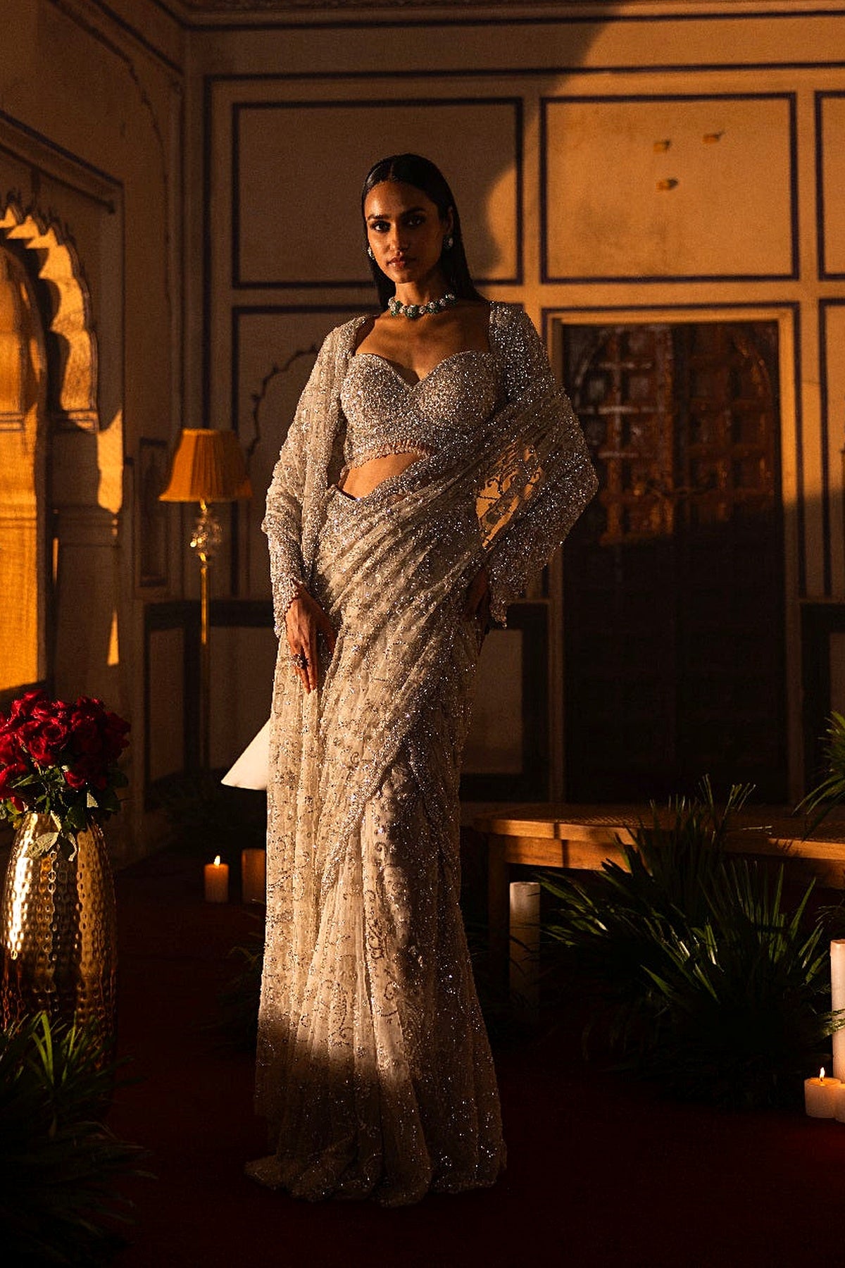 Silver Draped Saree Set