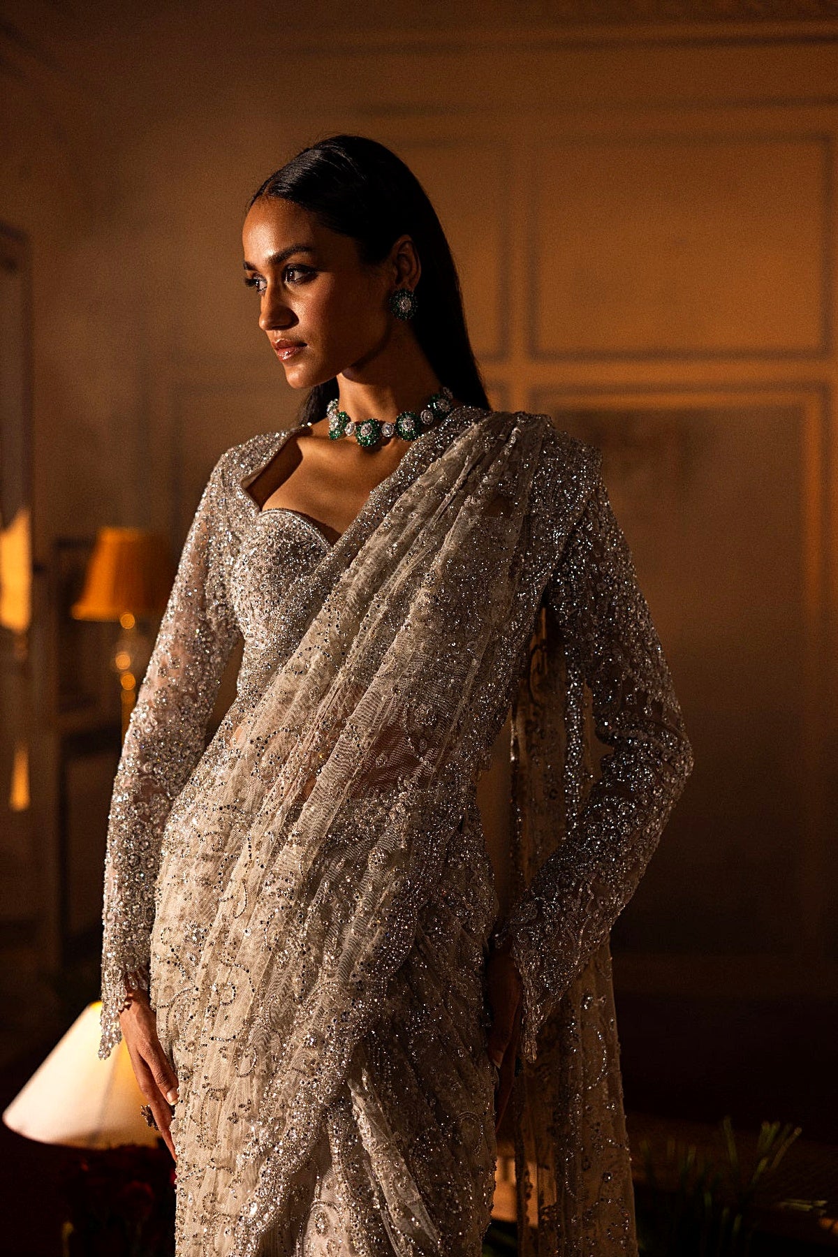 Silver Draped Saree Set