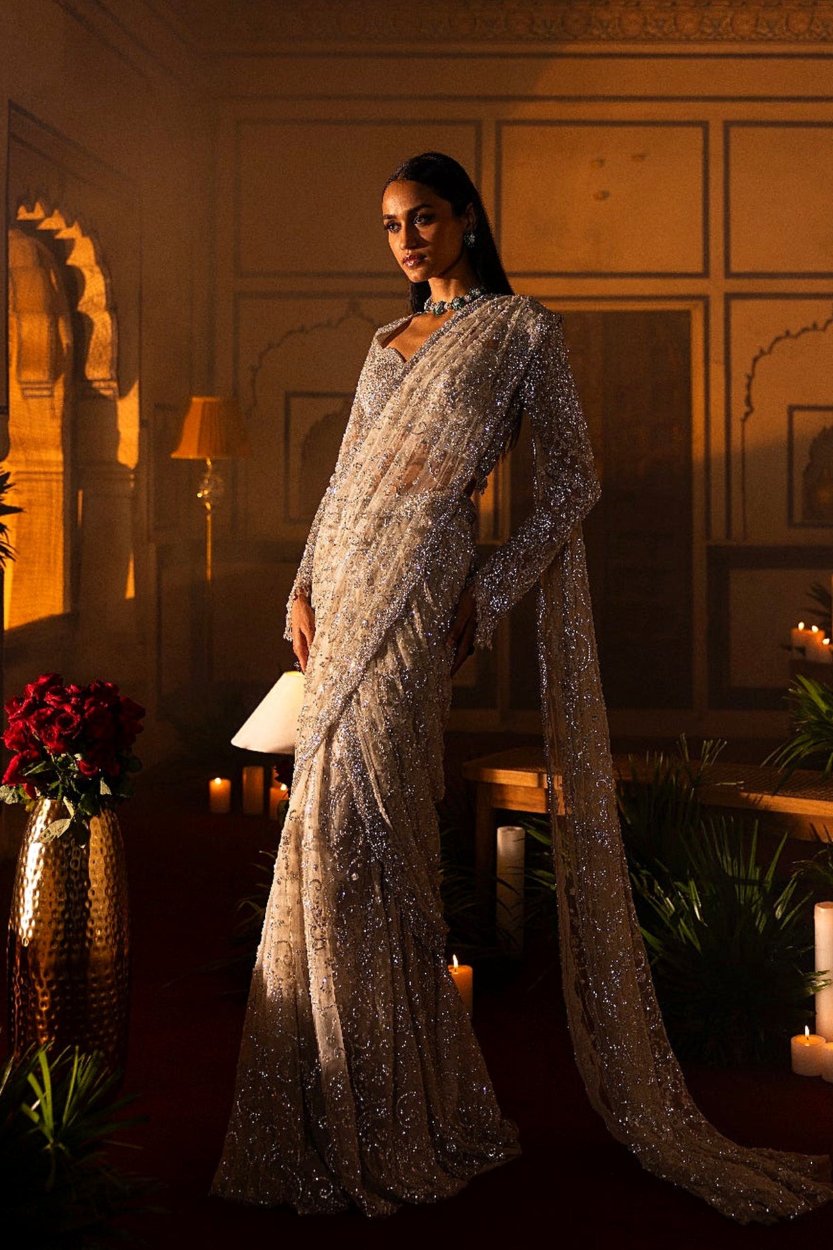 Silver Draped Saree Set
