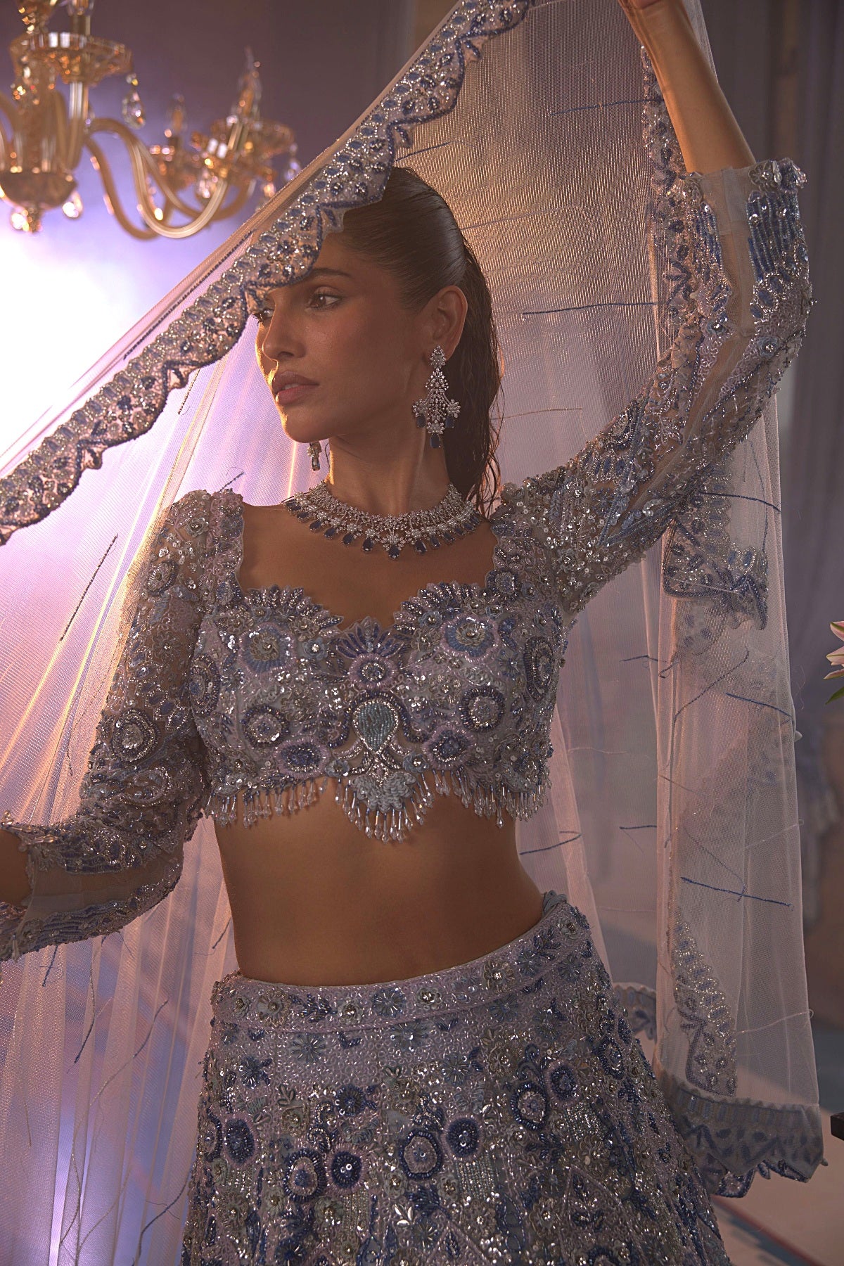 Midnight Blue 3D Floral Embroidered Lehenga Set