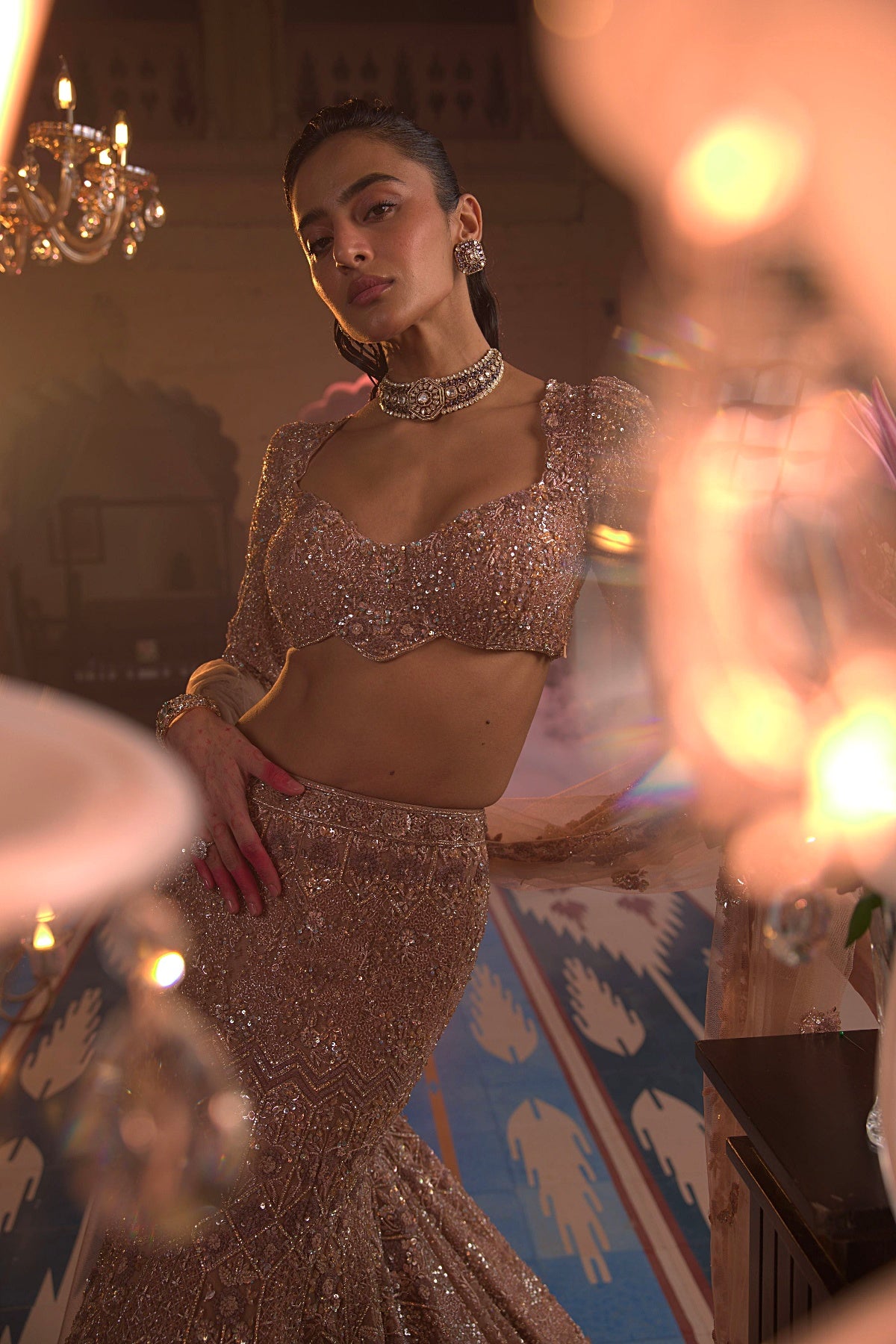 Beige Fish Cut Lehenga Set