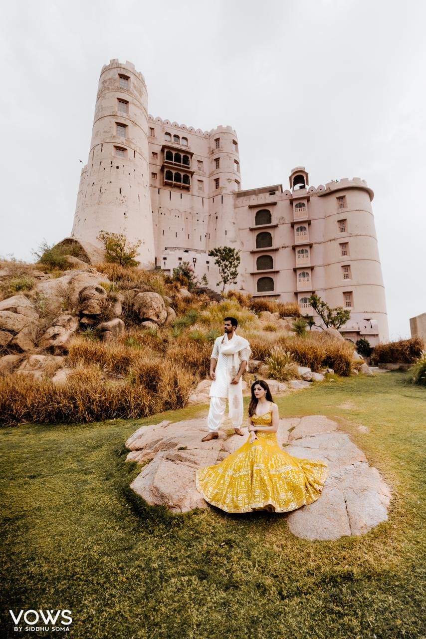 Mehreen Kaur Pirzada In Sunflower Yellow Mirror Work Lehenga Set