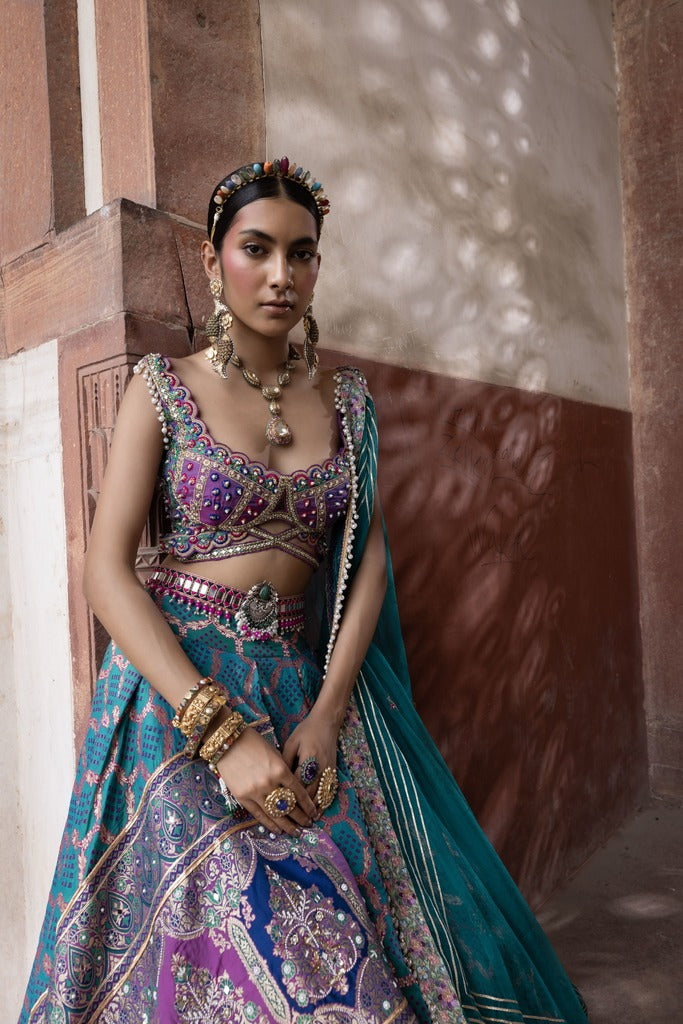 Teal Bandhani Banarasi Woven Lehenga