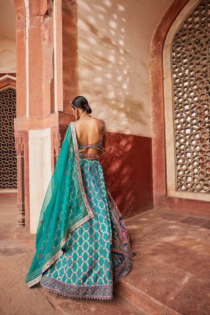 Teal Bandhani Banarasi Woven Lehenga