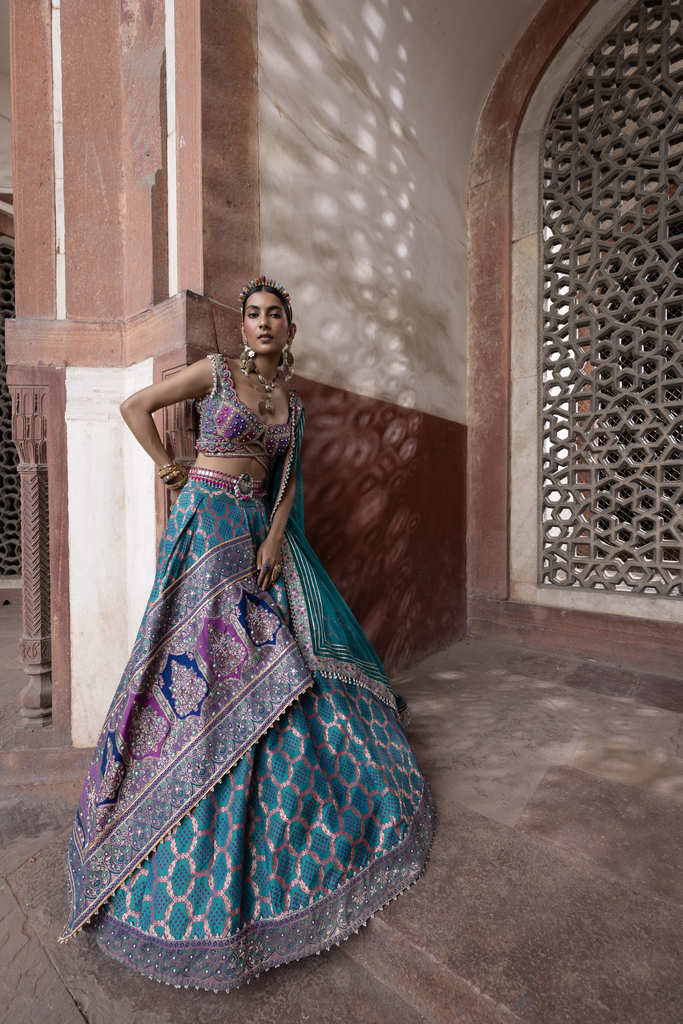 Teal Bandhani Banarasi Woven Lehenga