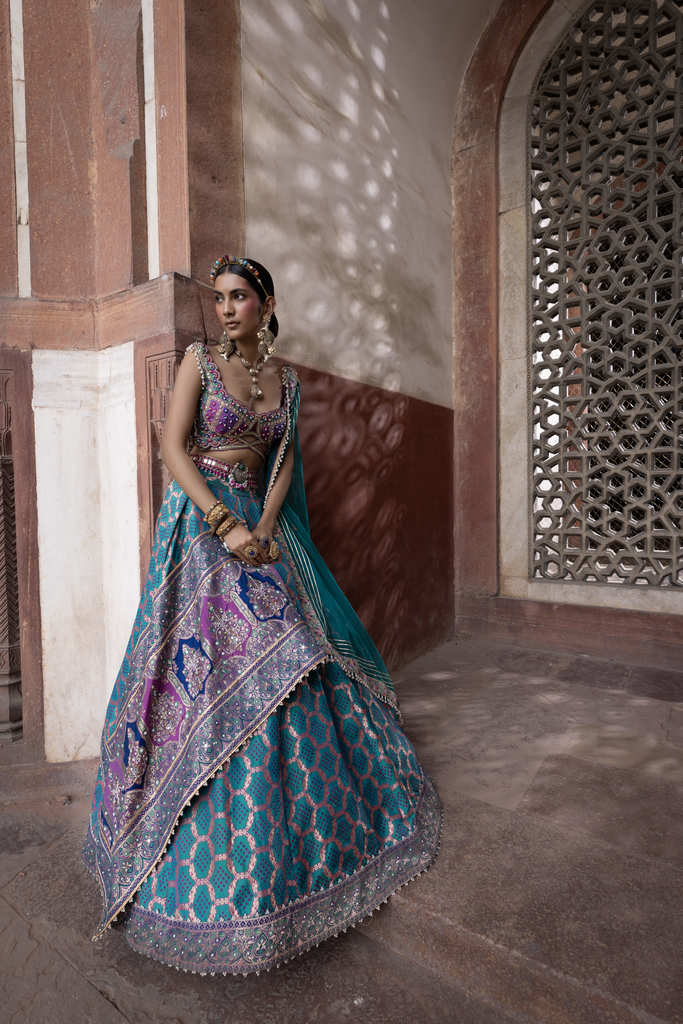Teal Bandhani Banarasi Woven Lehenga