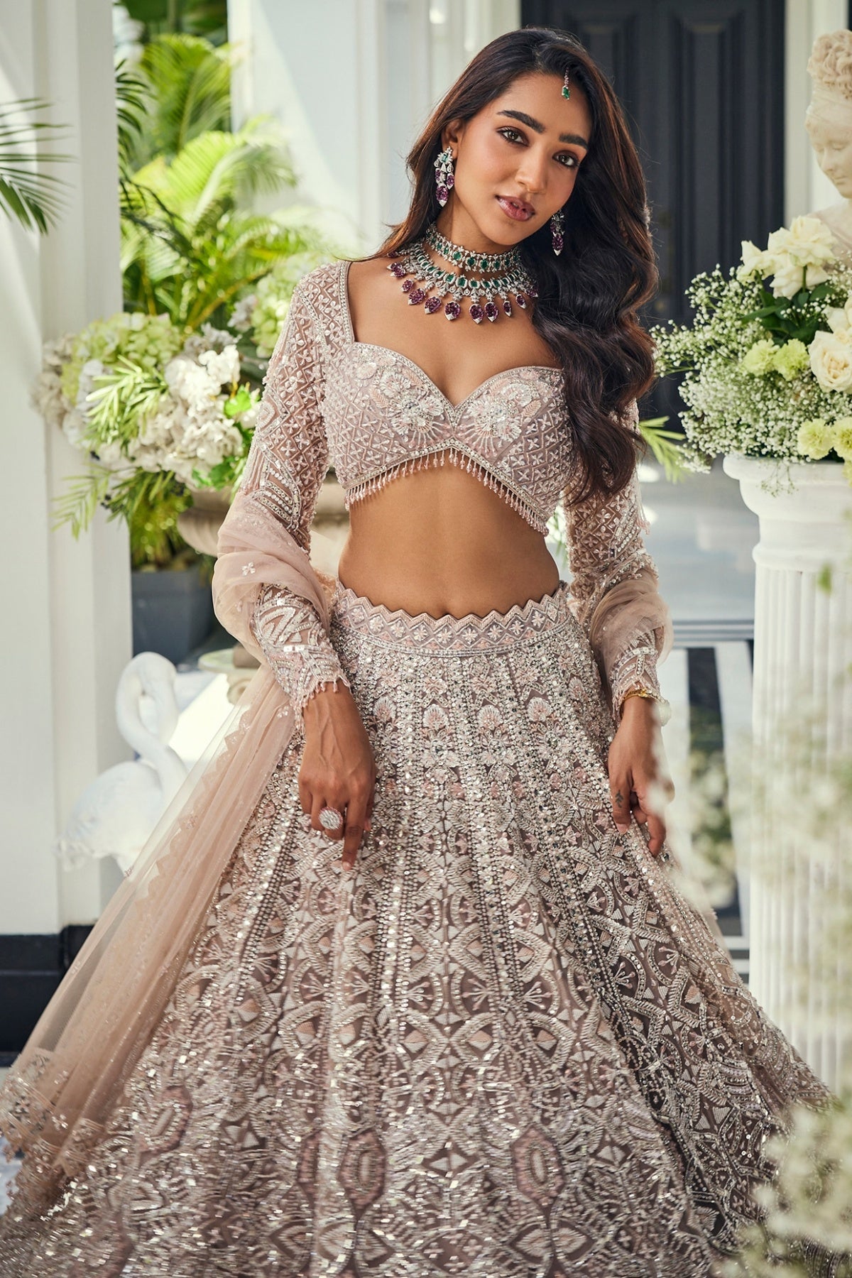Dusty Pink Net Cutdana Embellished Lehenga Set