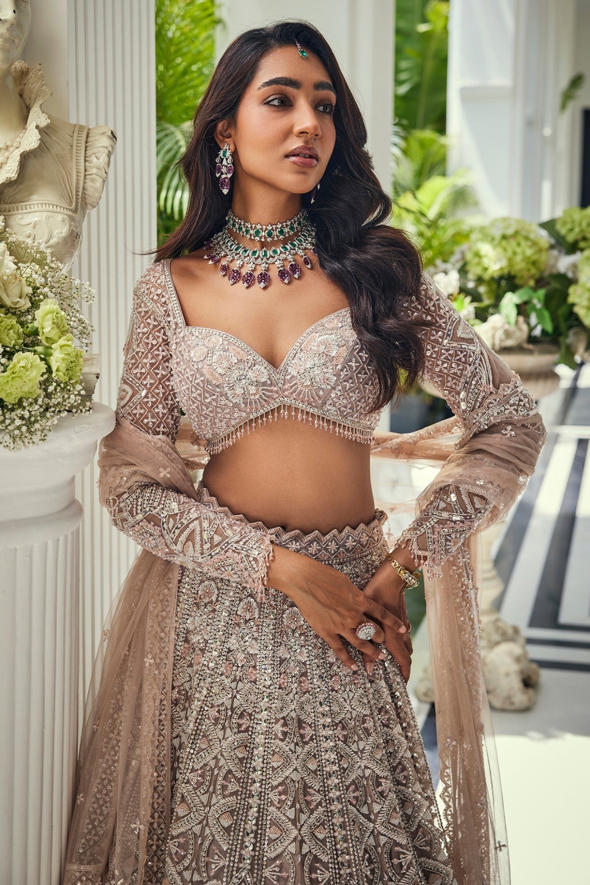 Dusty Pink Net Cutdana Embellished Lehenga Set