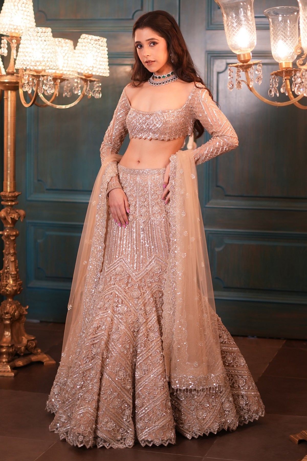 Light Gold Net Sequins Embroidered Lehenga Set