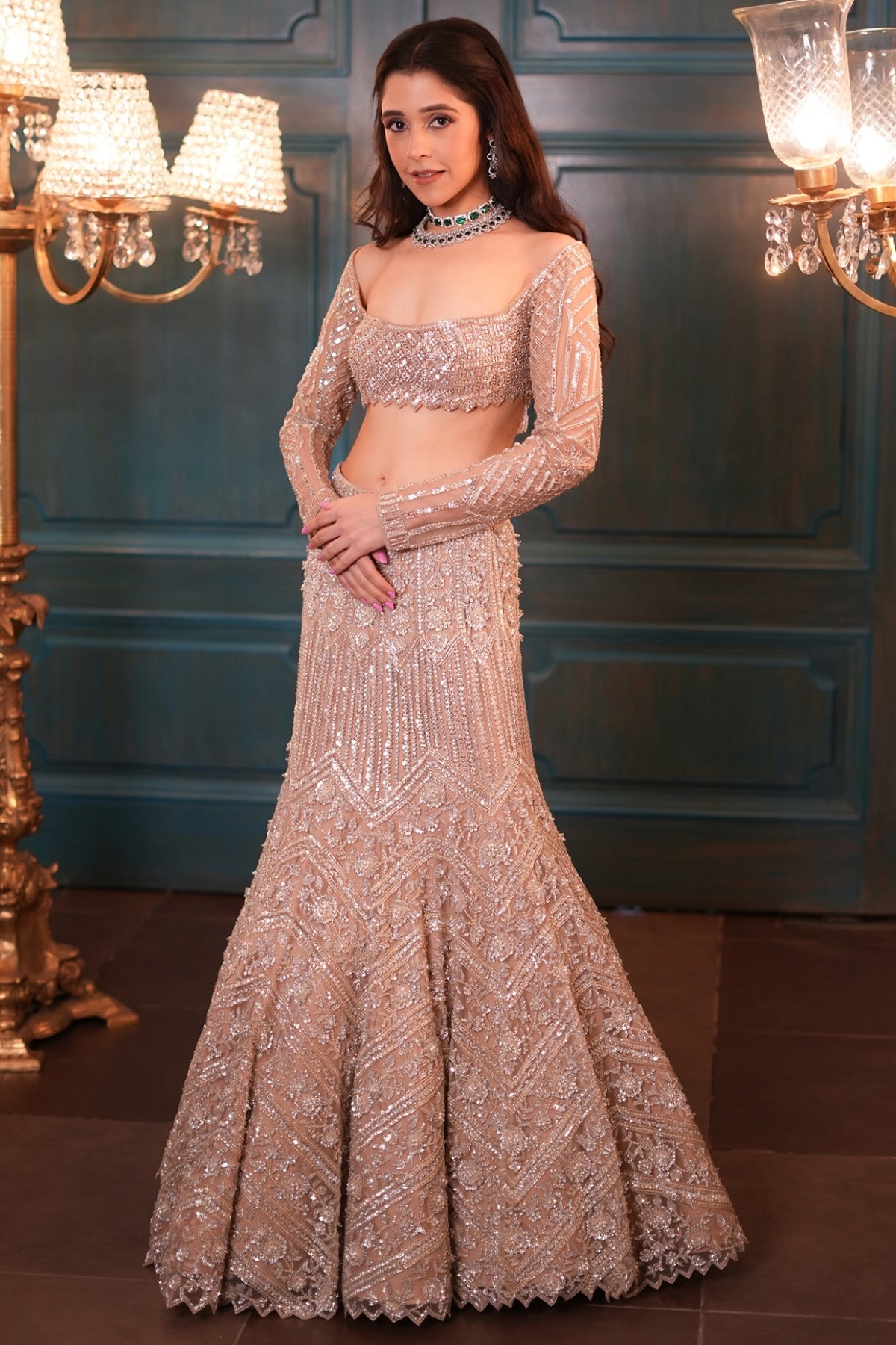 Light Gold Net Sequins Embroidered Lehenga Set