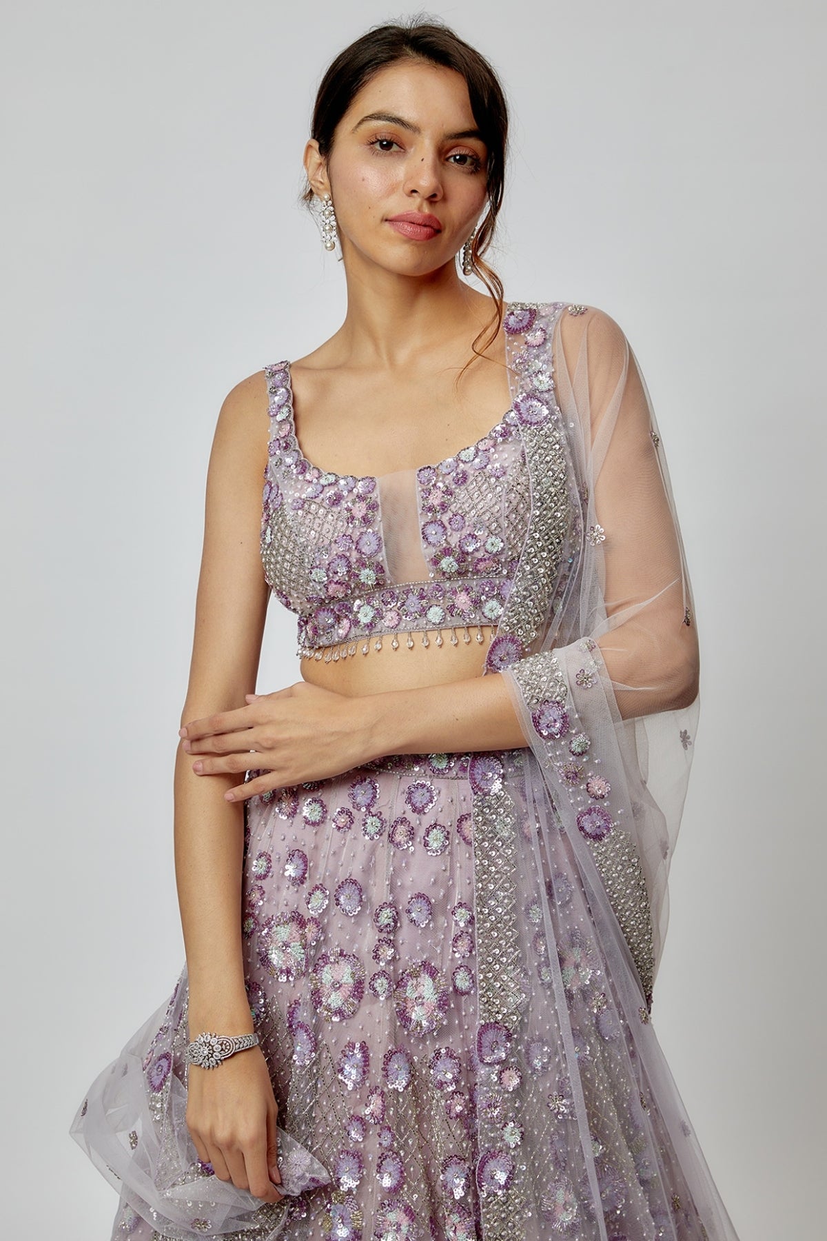 Lilac Net Embroidered Lehenga Set