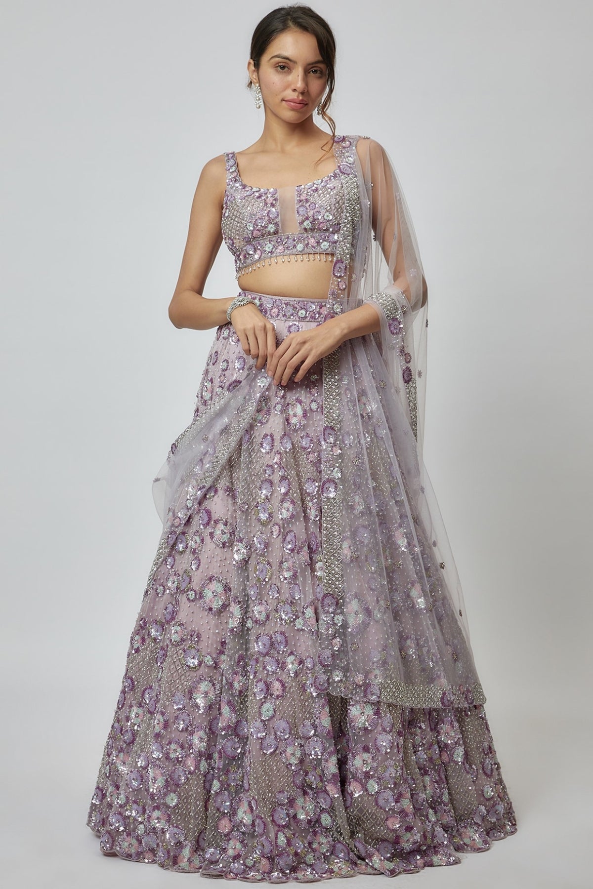 Lilac Net Embroidered Lehenga Set