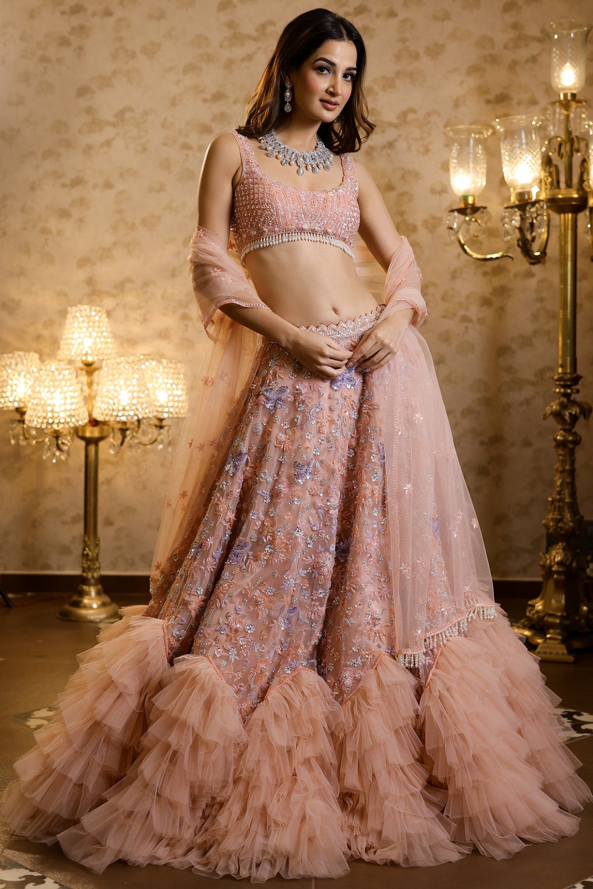 Peach Net Frilled Lehenga Set
