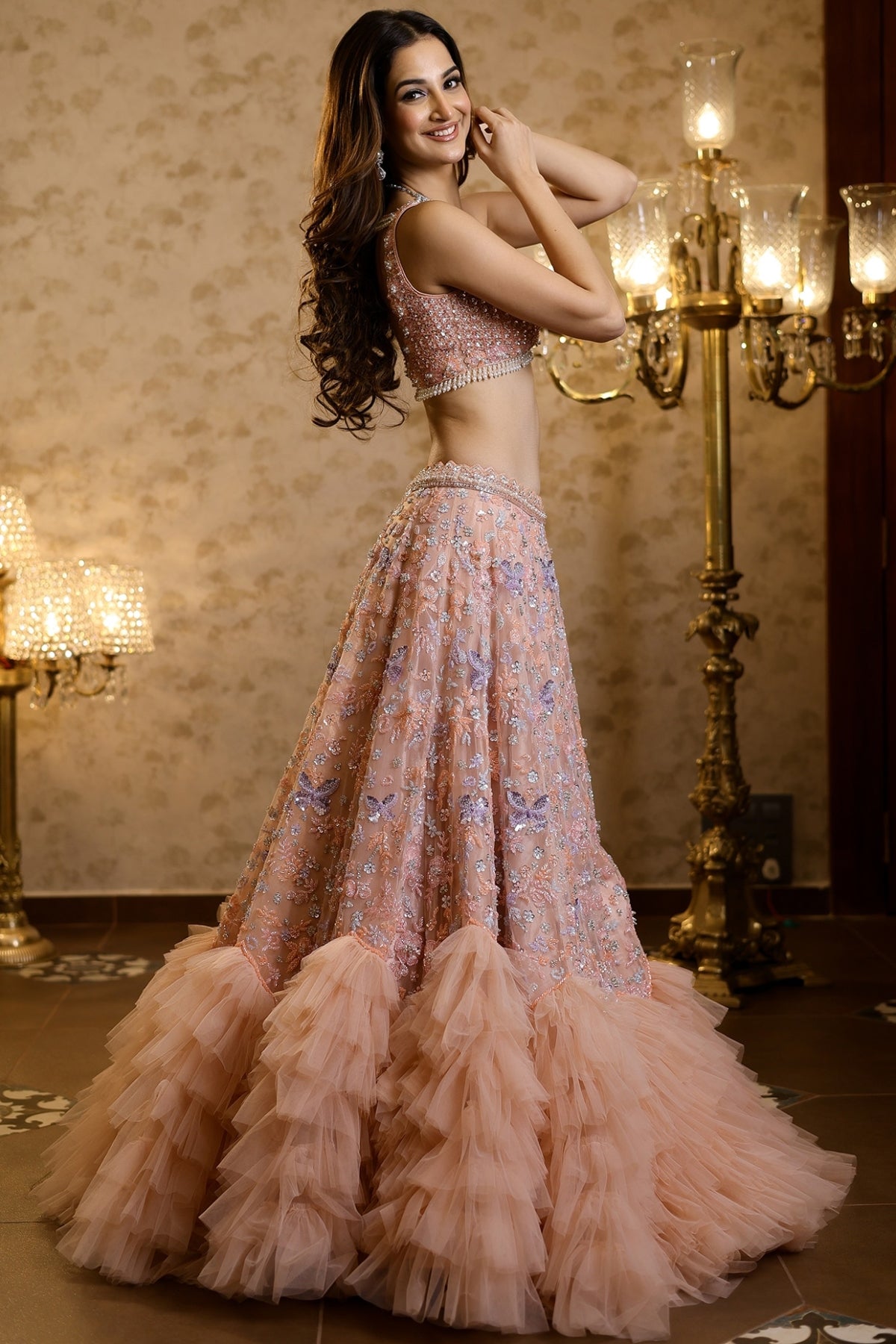 Peach Net Frilled Lehenga Set