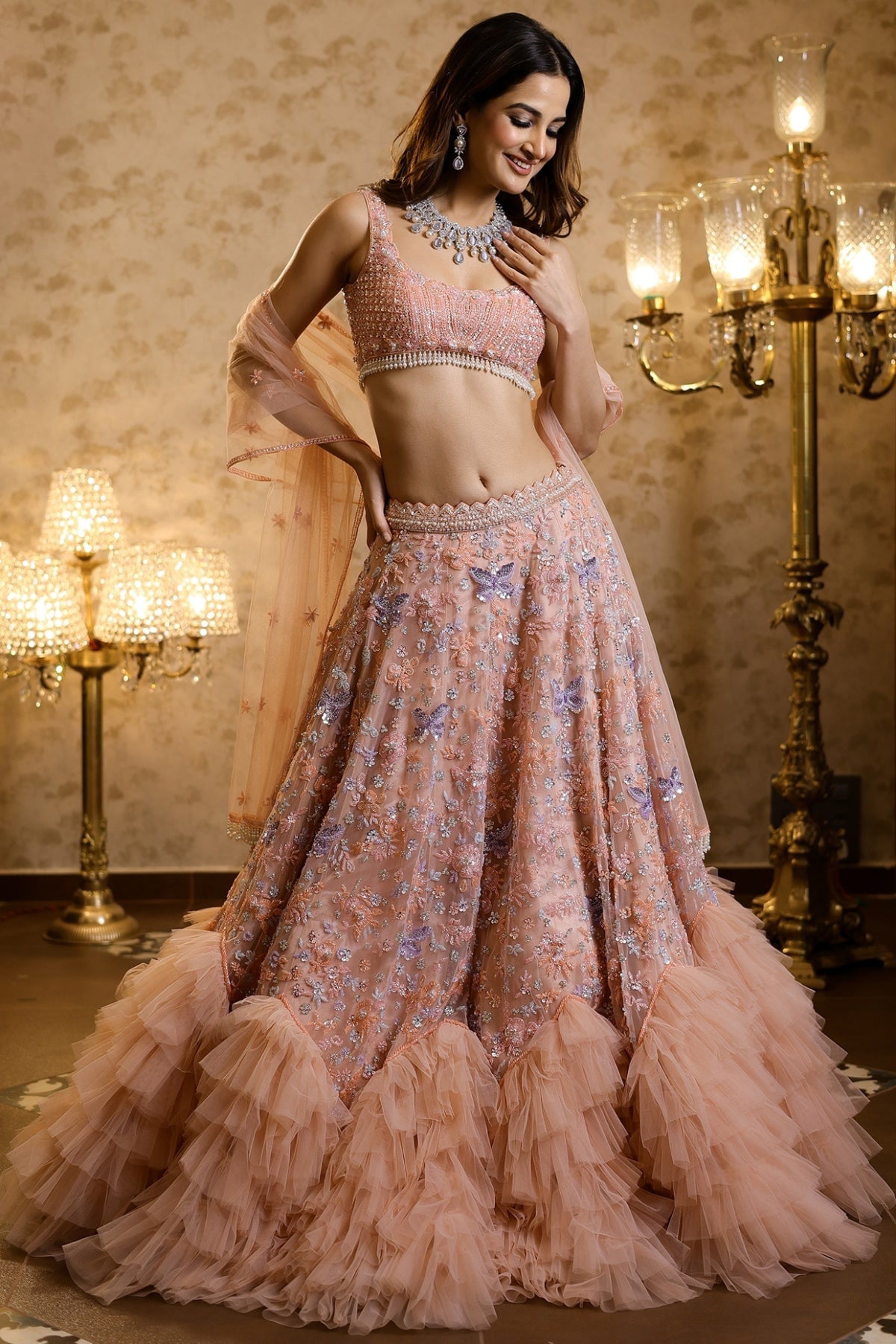 Peach Net Frilled Lehenga Set