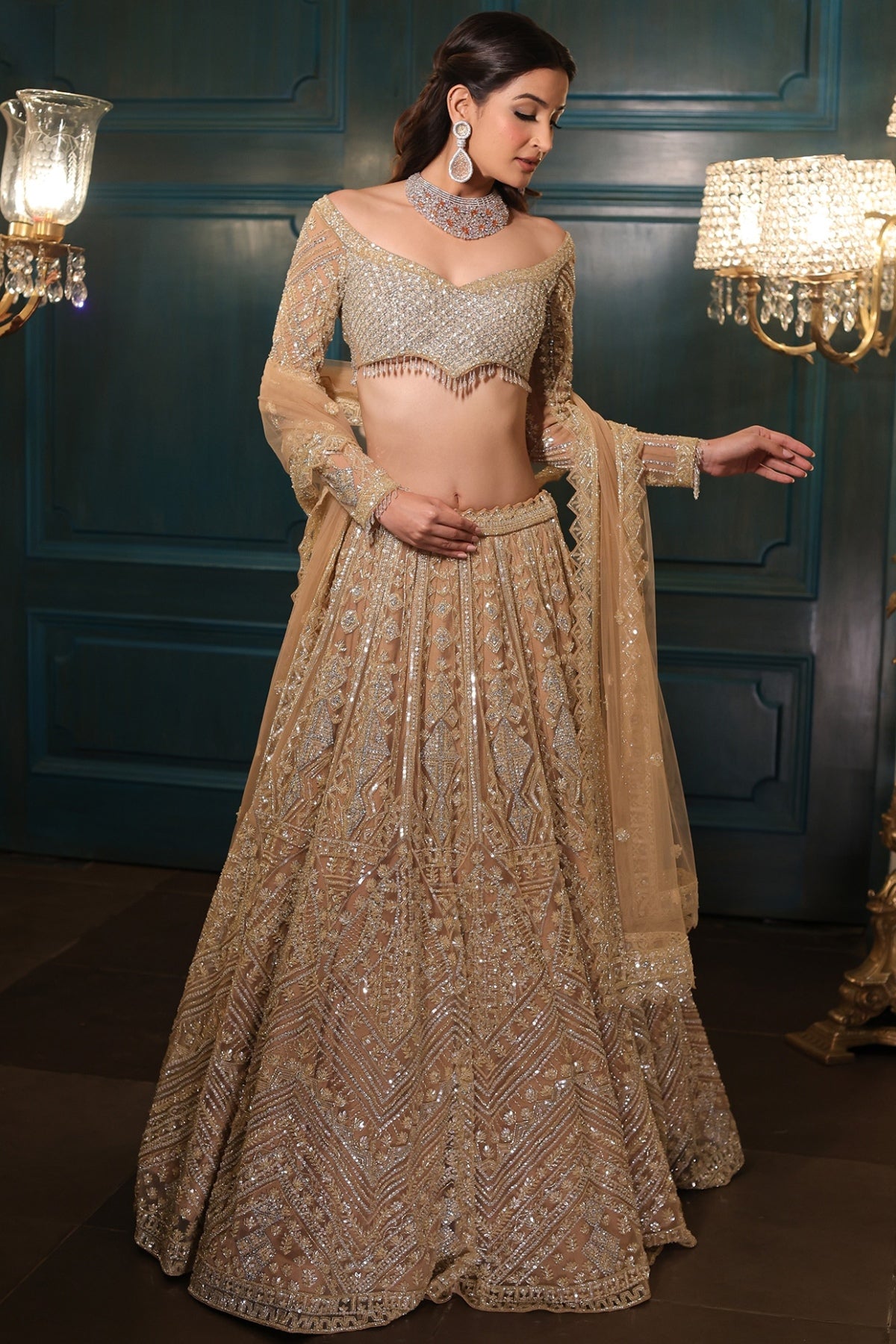 Light Gold Net Sequins Embroidered Lehenga Set