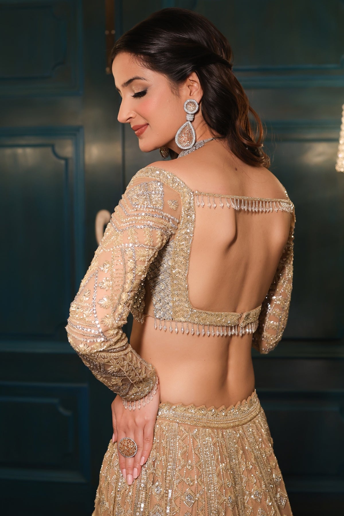 Light Gold Net Sequins Embroidered Lehenga Set