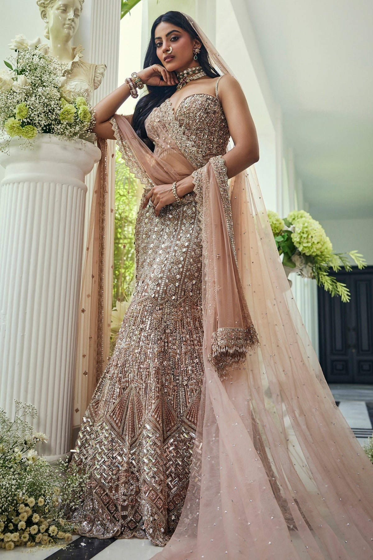 Walnut Gold Net Sequins & Crystal Embroidered Lehenga Set
