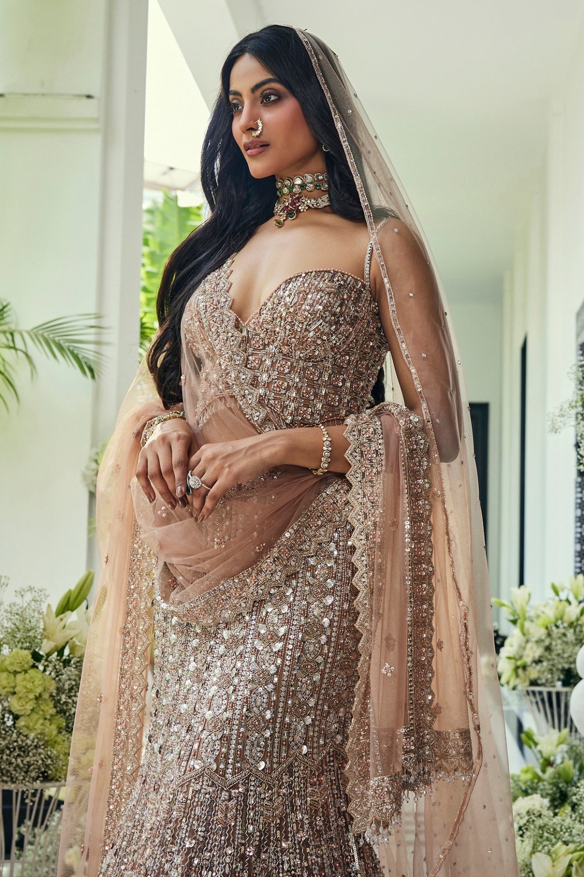 Walnut Gold Net Sequins & Crystal Embroidered Lehenga Set
